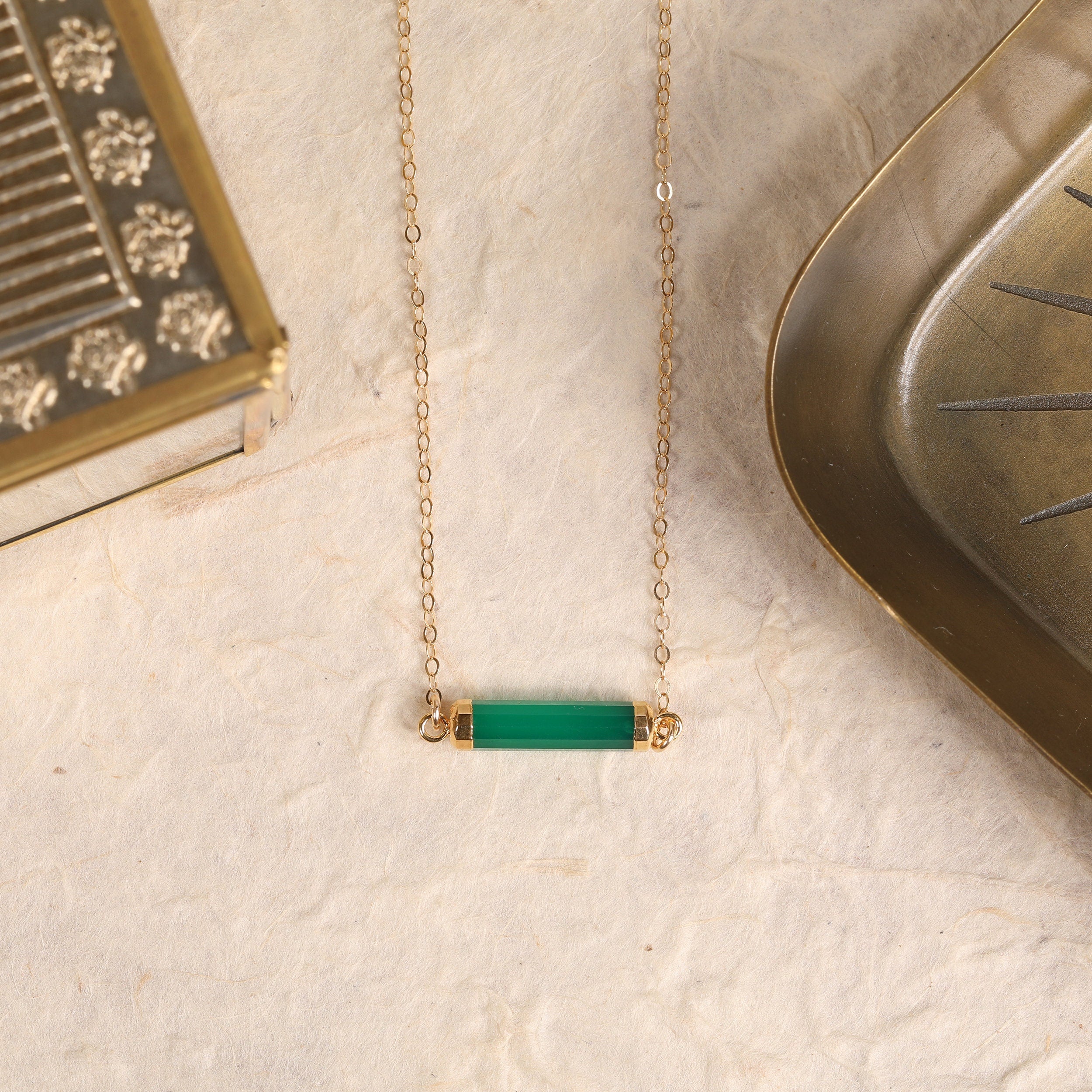 Green Onyx Long Bar Gold Necklace Necklaces Soul & Little Rose   