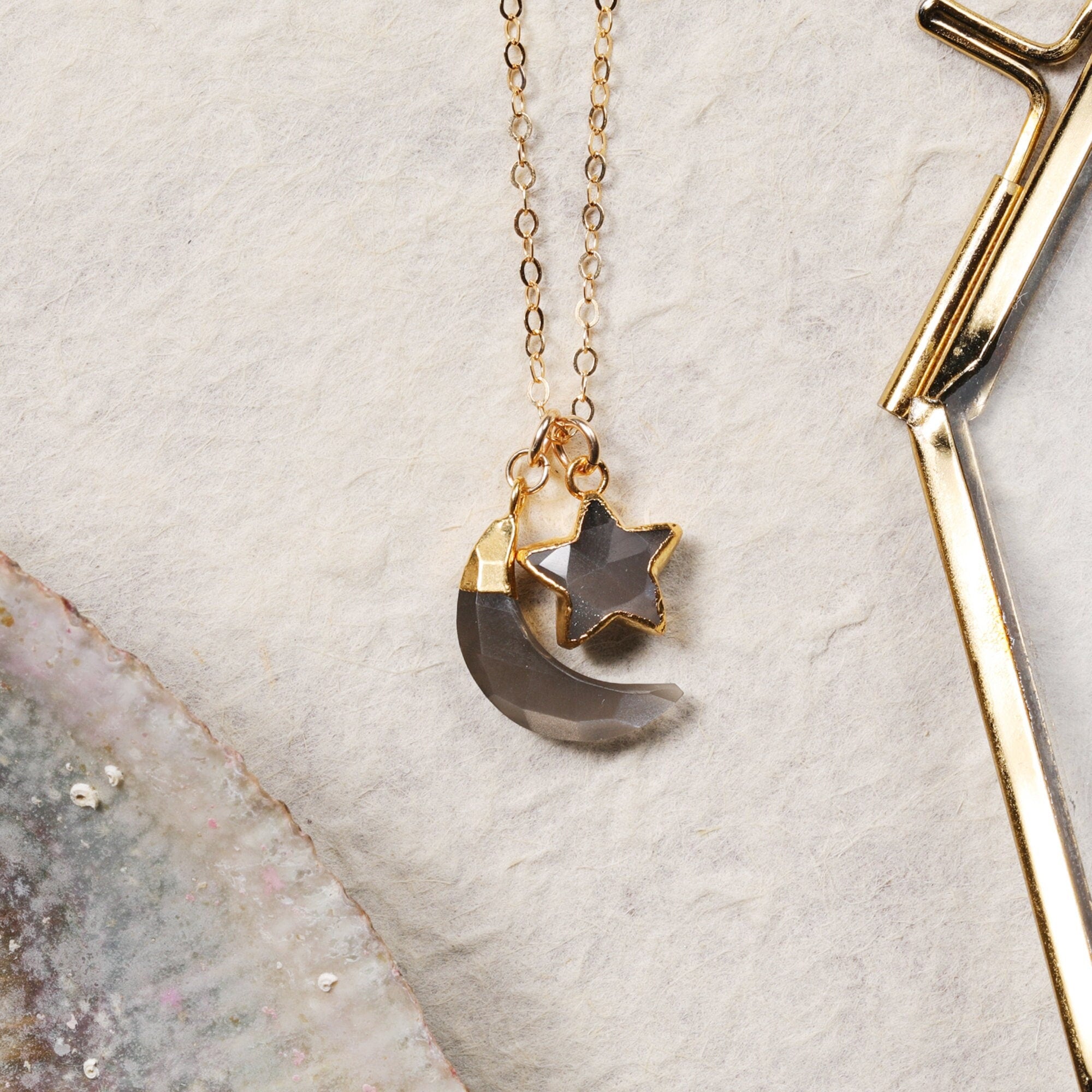 Gray Moonstone Necklace Moon and Star Gold Pendant Necklace Necklaces Soul & Little Rose   