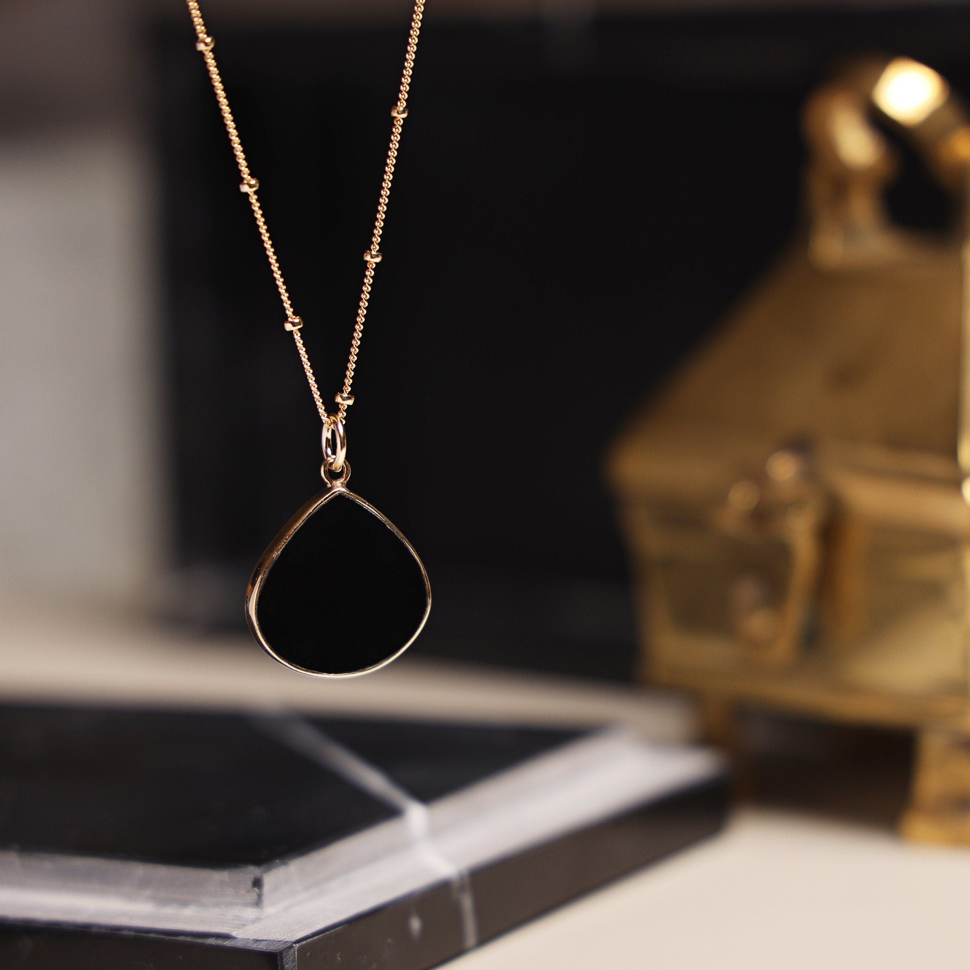 Black Onyx Drop Gold Pendant Necklace (Satellite Chain) Necklaces Soul & Little Rose   