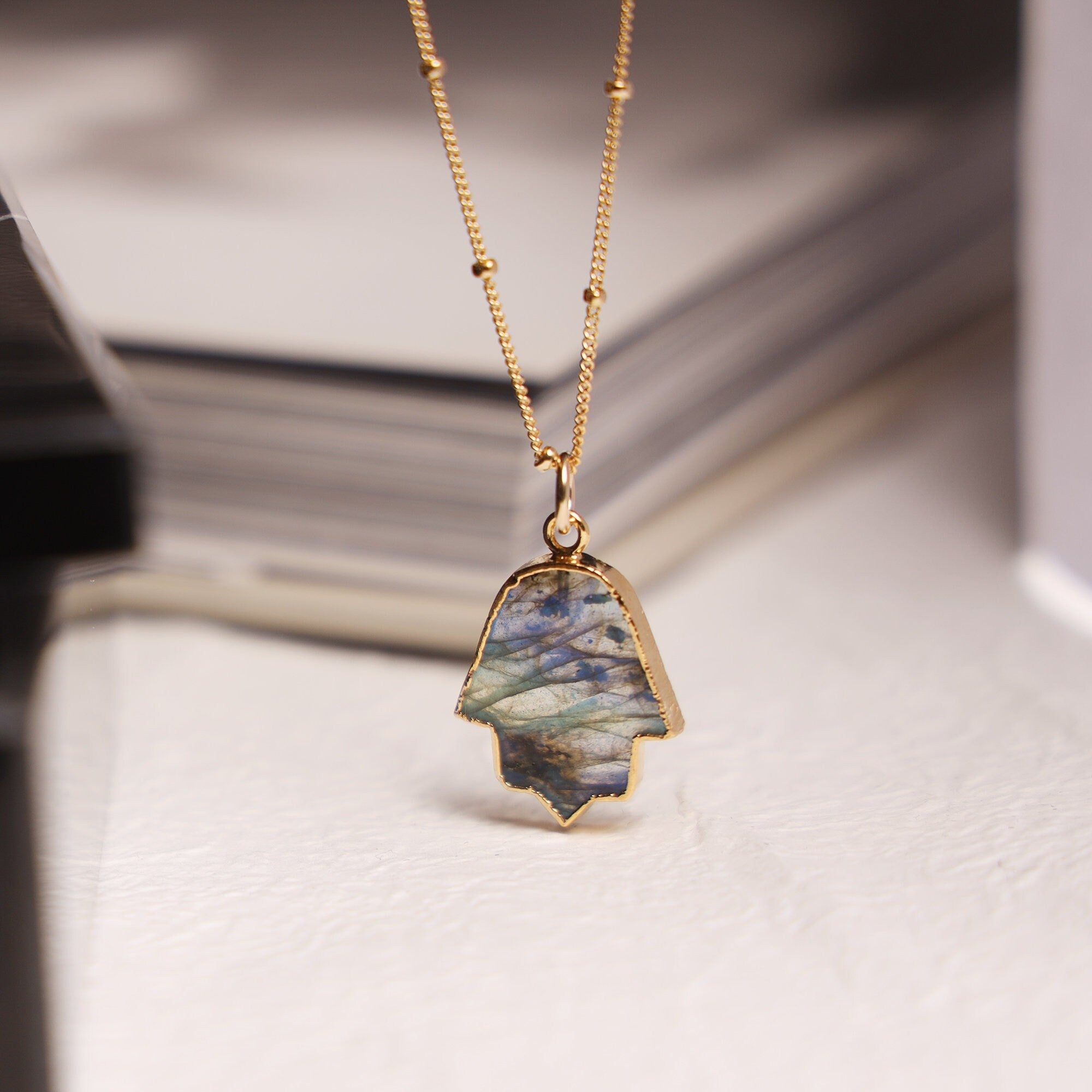 Labradorite Hamsa Hand of Fate Pendant Necklace Necklaces Soul & Little Rose   