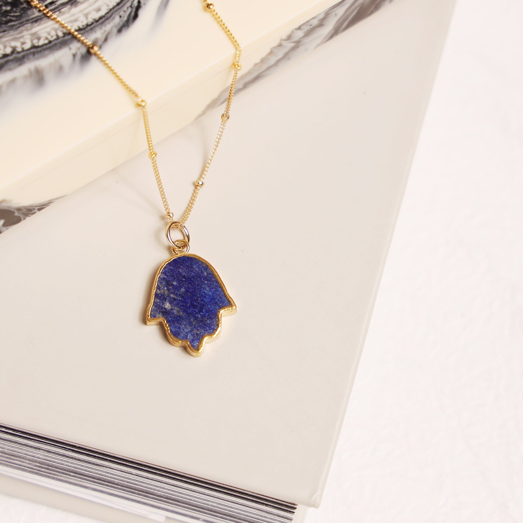 Lapis Lazuli Hamsa Hand of Fate Gold Pendant Necklace Necklaces Soul & Little Rose   