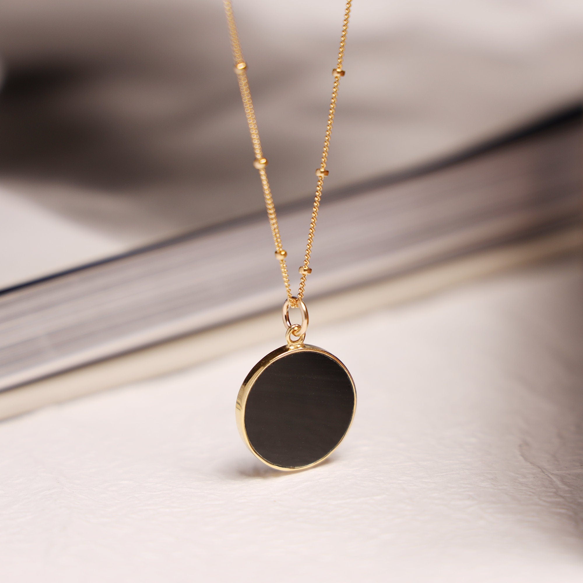 Black Obsidian Gold Circle Pendant Necklace (Satellite Chain)