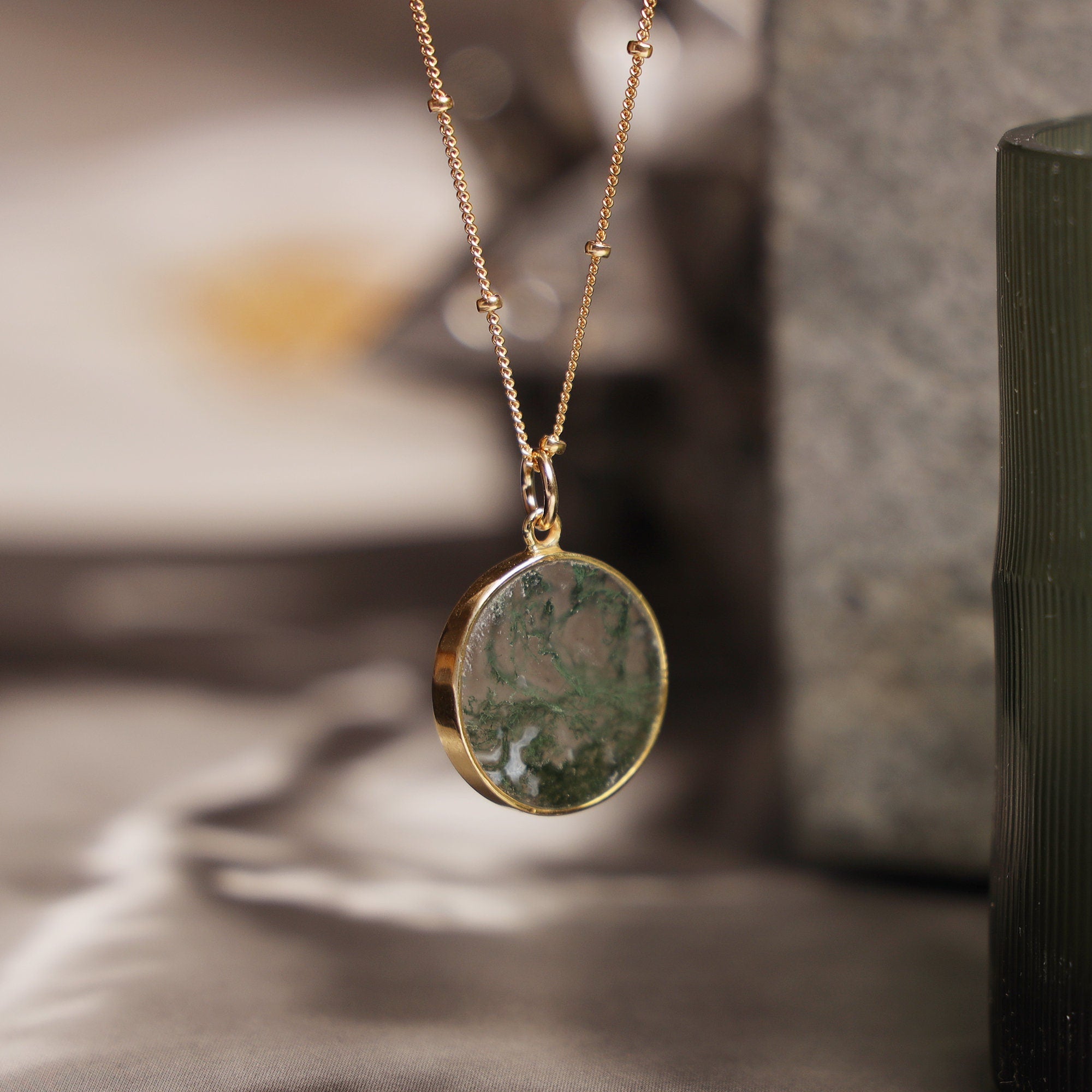 Moss Agate Gold Disc Pendant Necklace (Satellite Chain) Necklaces Soul & Little Rose   