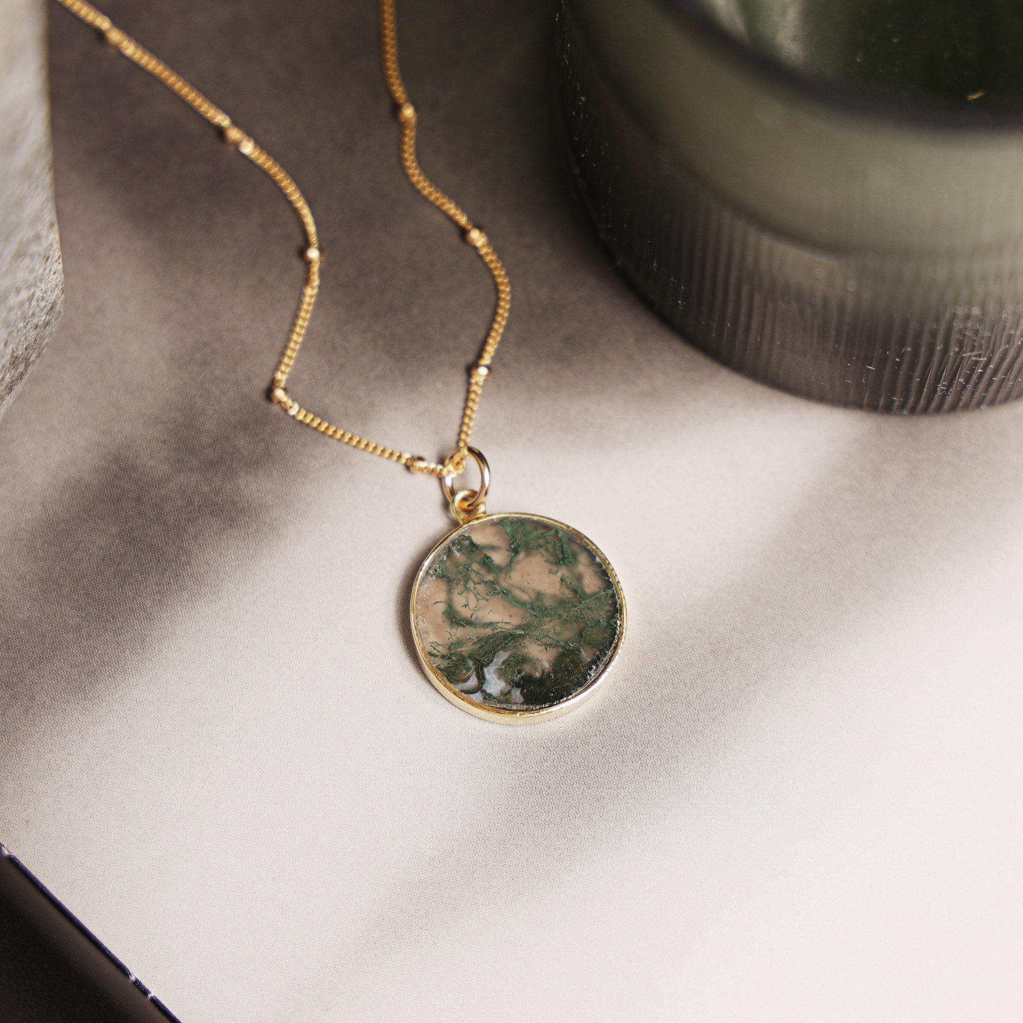 Moss Agate Gold Disc Pendant Necklace (Satellite Chain) Necklaces Soul & Little Rose   
