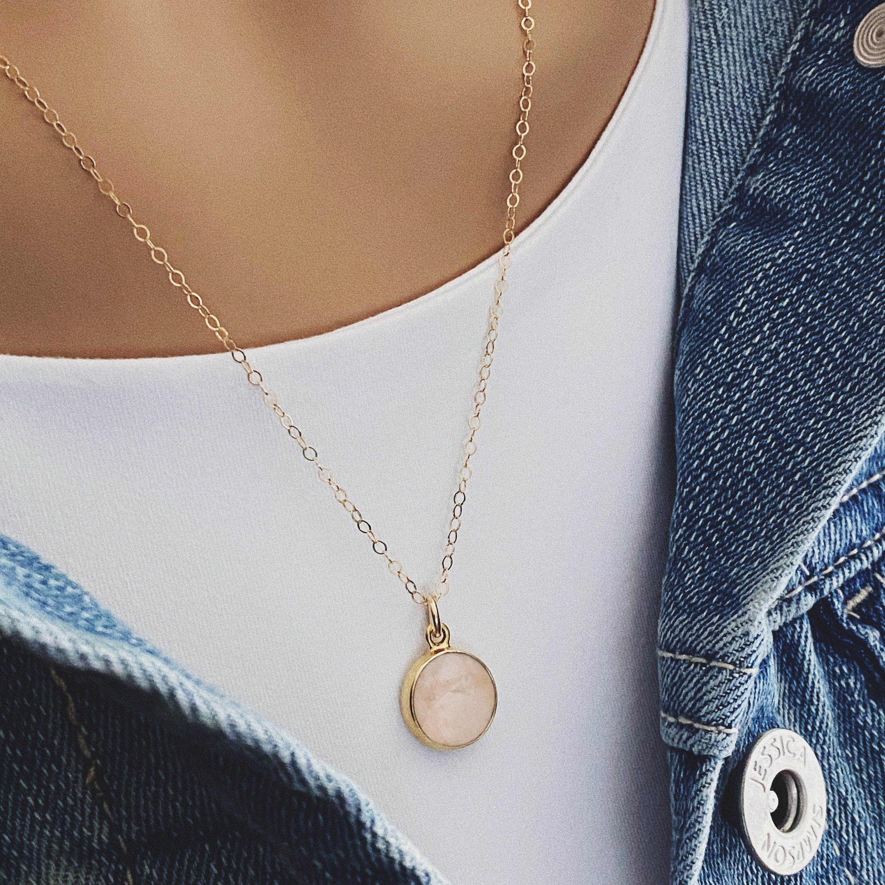 Rose Quartz Small Circle Pendant Gold Necklace Necklaces Soul & Little Rose   