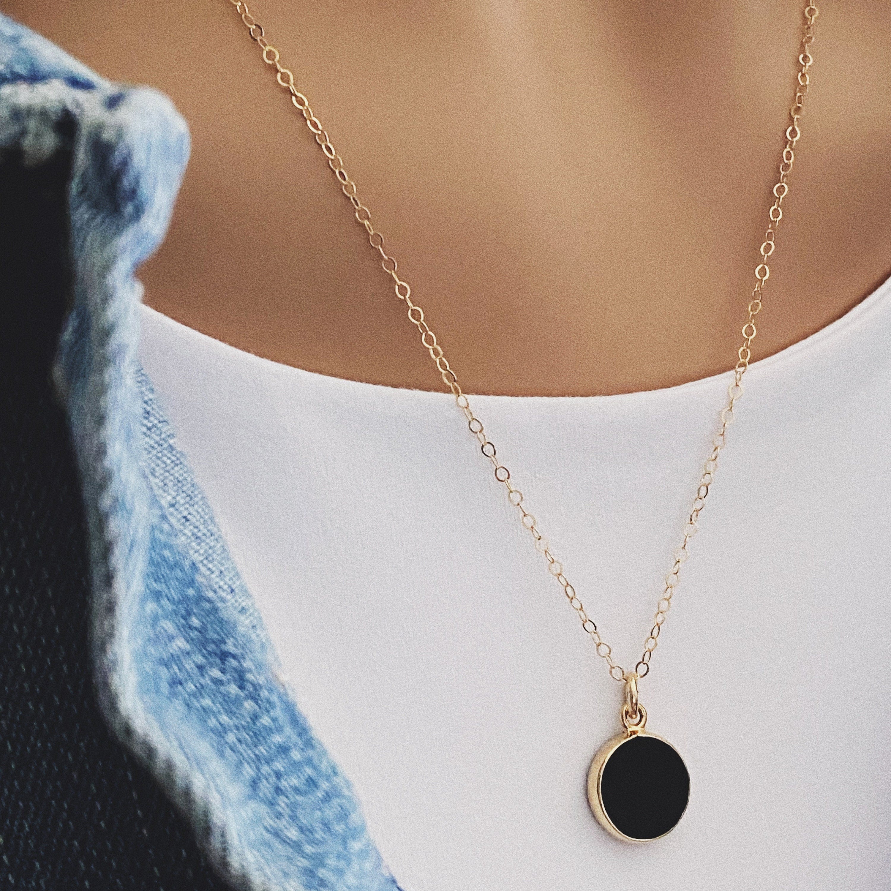 Black Onyx Small Round Gold Disc Circle Necklace Necklaces Soul & Little Rose   