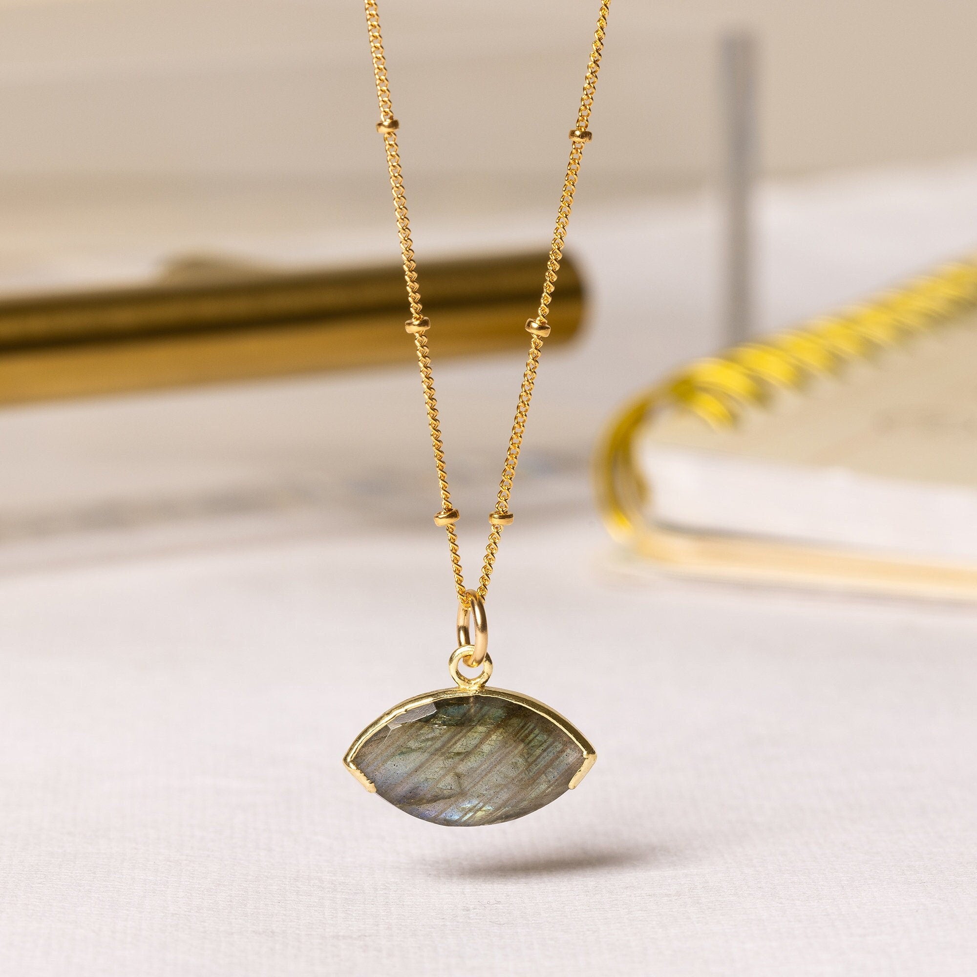 Labradorite Eye Shape Gold Pendant Necklace Necklaces Soul & Little Rose   