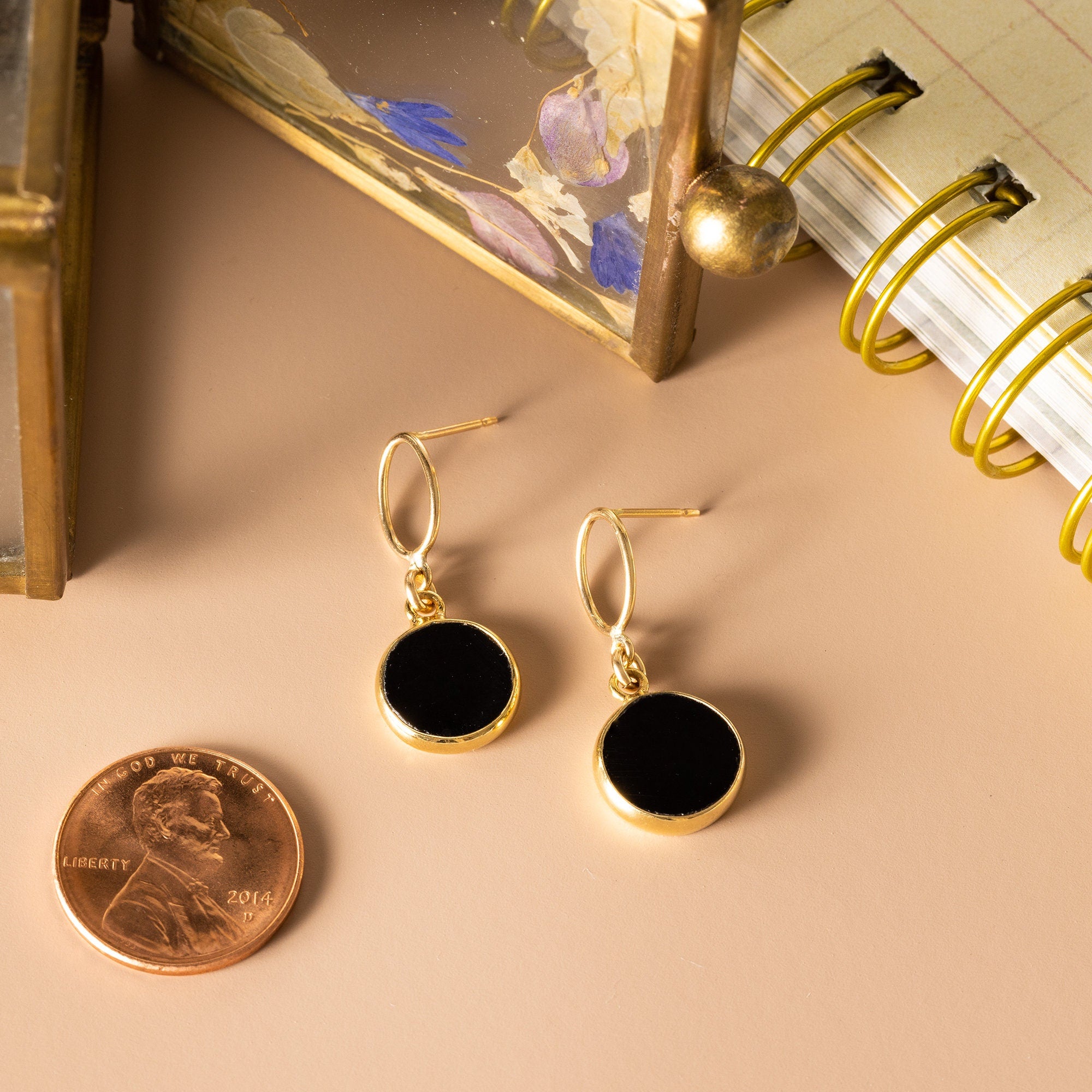 Black Onyx Gold Disc Drop Earrings Earrings Soul & Little Rose   