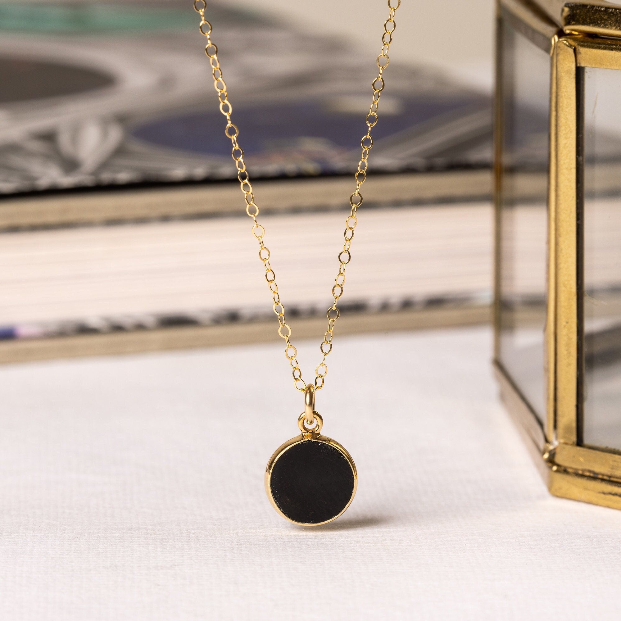 Black Onyx Small Round Gold Disc Circle Necklace Necklaces Soul & Little Rose   