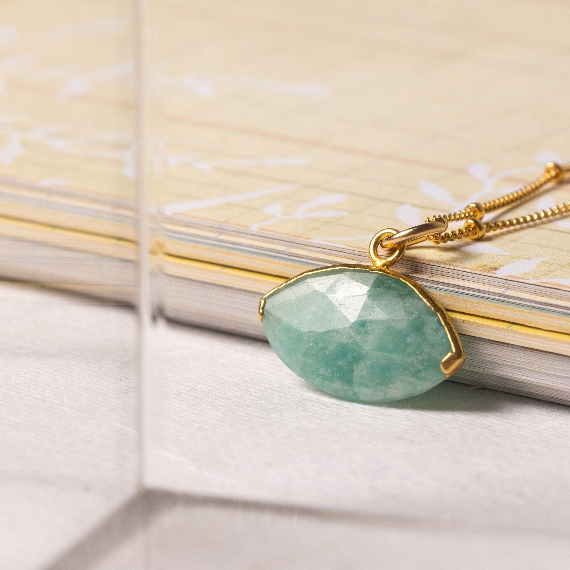 Amazonite Eye Shape Gold Pendant Necklace (Satellite Chain) Necklaces Soul & Little Rose   