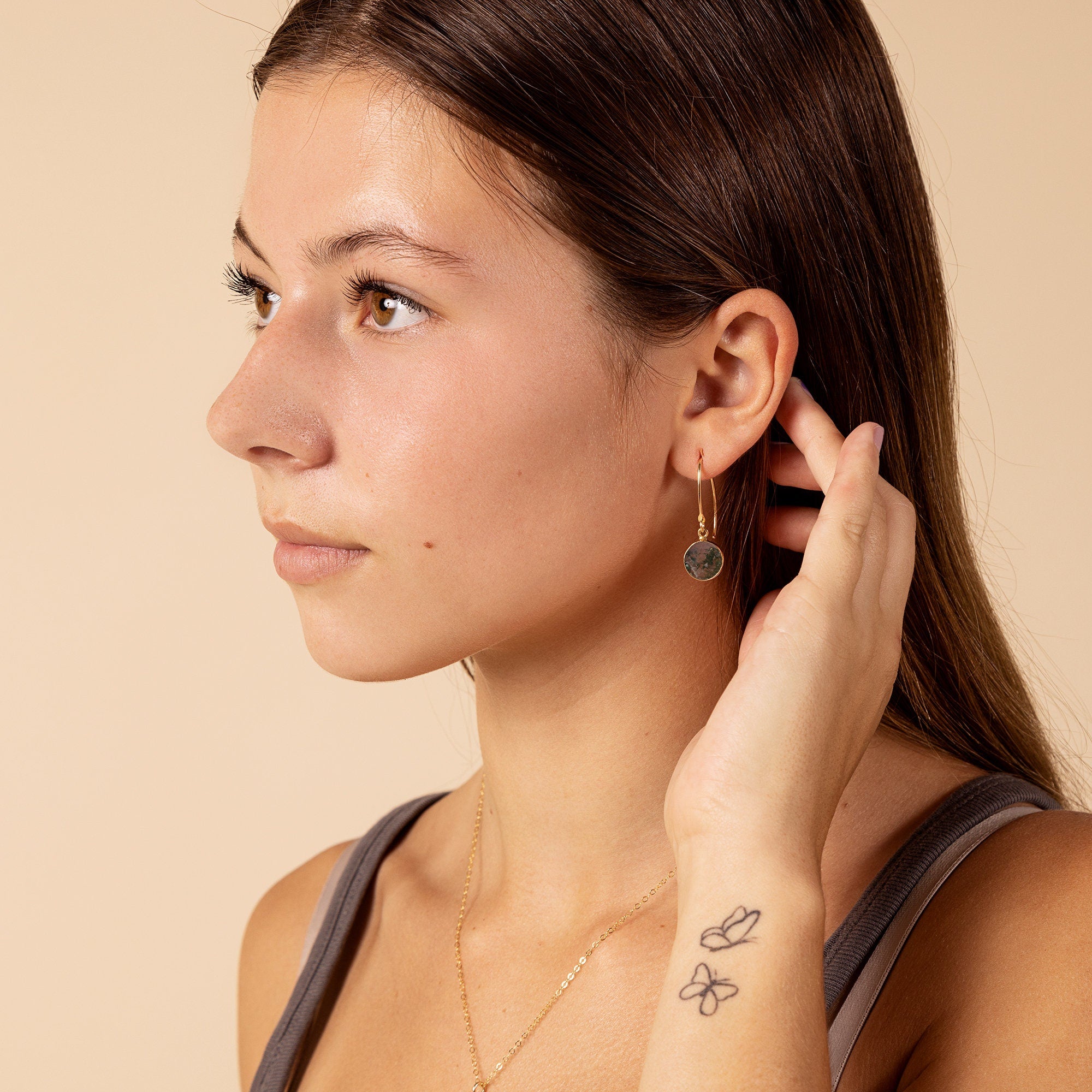 Moss Agate Round Disc Gold Drop Earrings Earrings Soul & Little Rose   