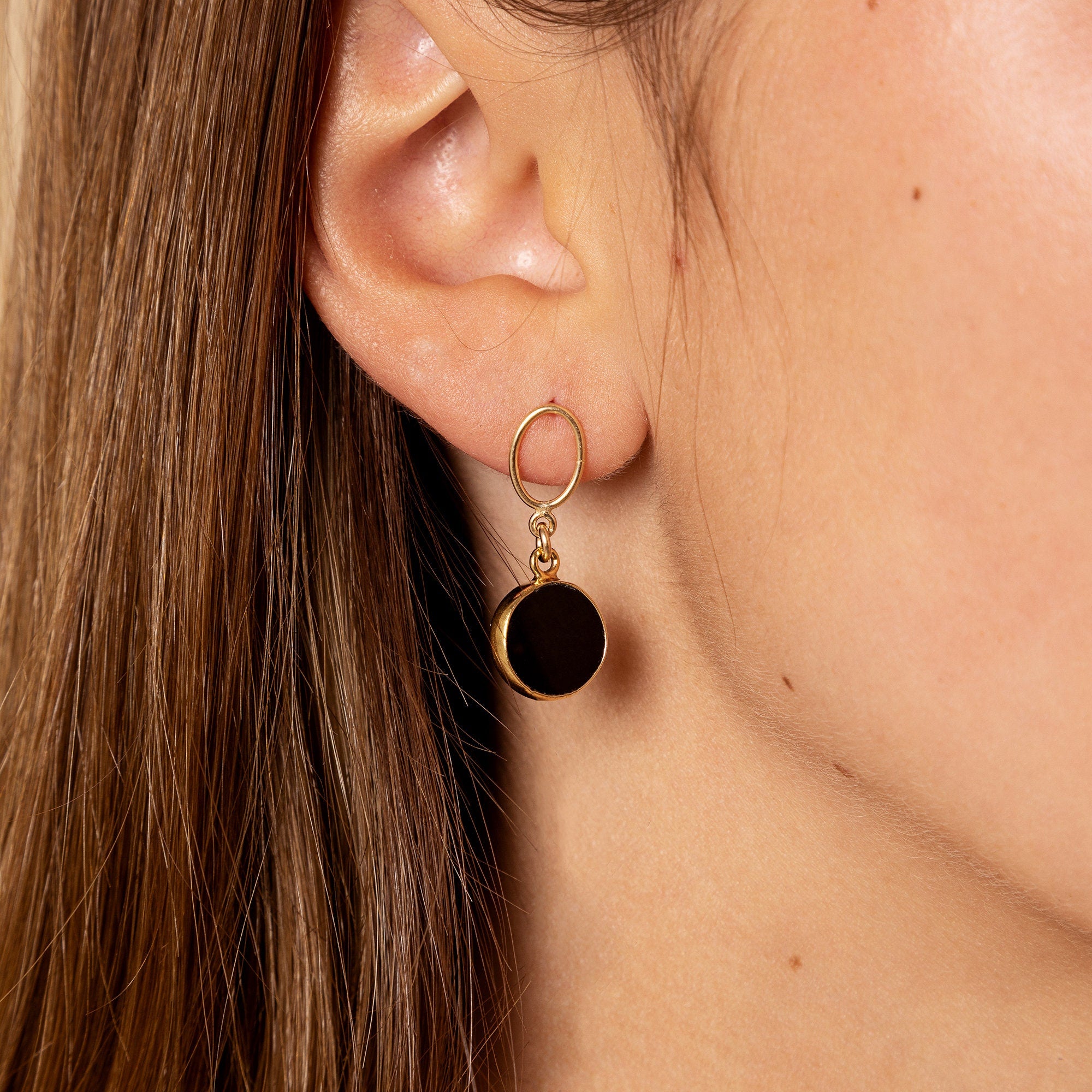 Black Onyx Gold Disc Drop Earrings Earrings Soul & Little Rose   