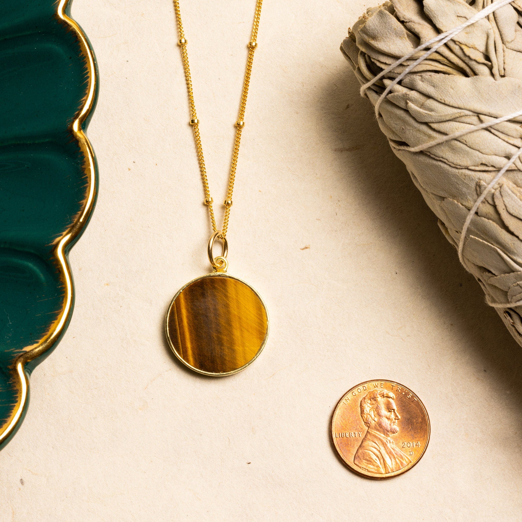 Tiger's Eye Circle Pendant Necklace (Satellite Chain) Necklaces Soul & Little Rose   