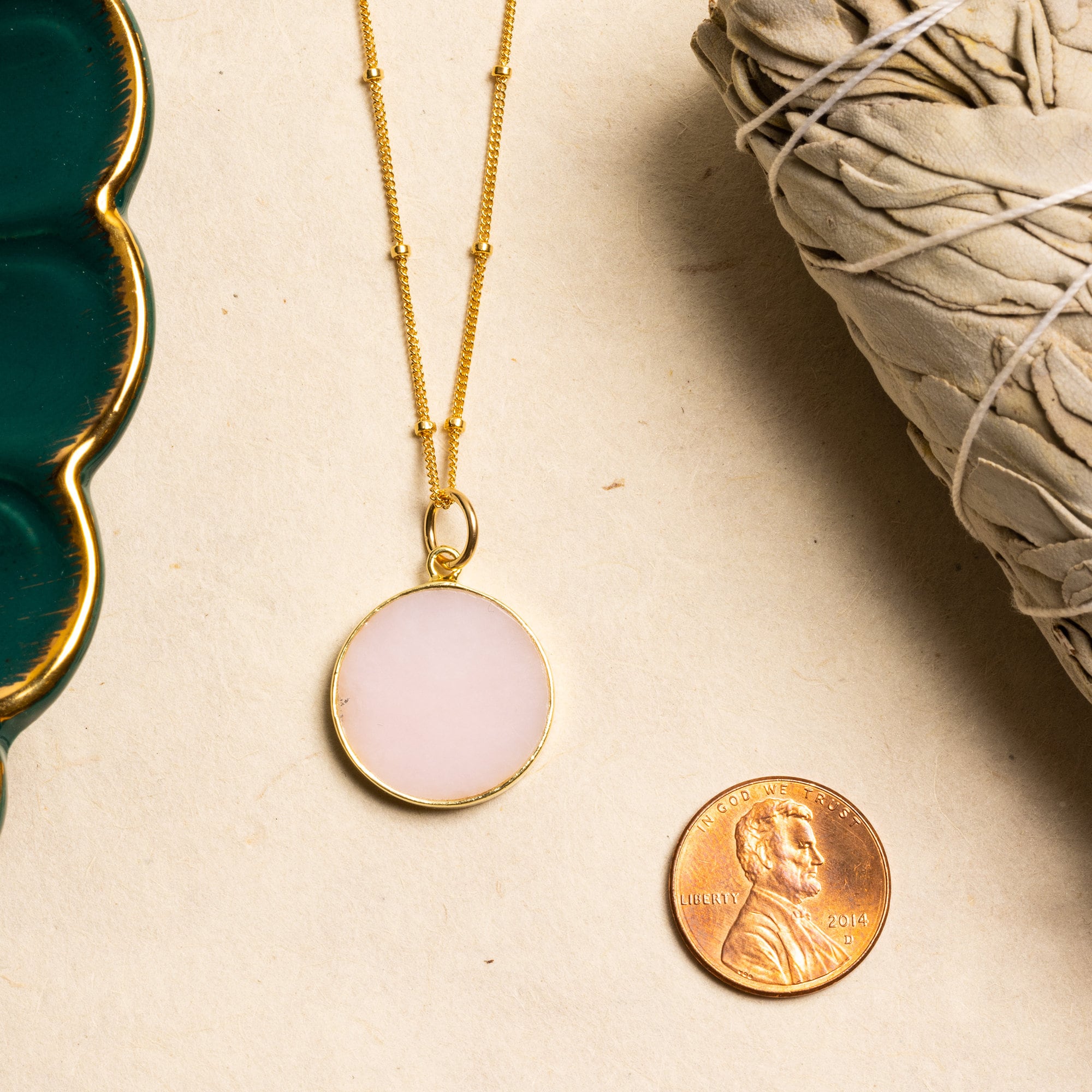 Pink Opal Gold Disc Pendant Necklace (Satellite Chain) Necklaces Soul & Little Rose   