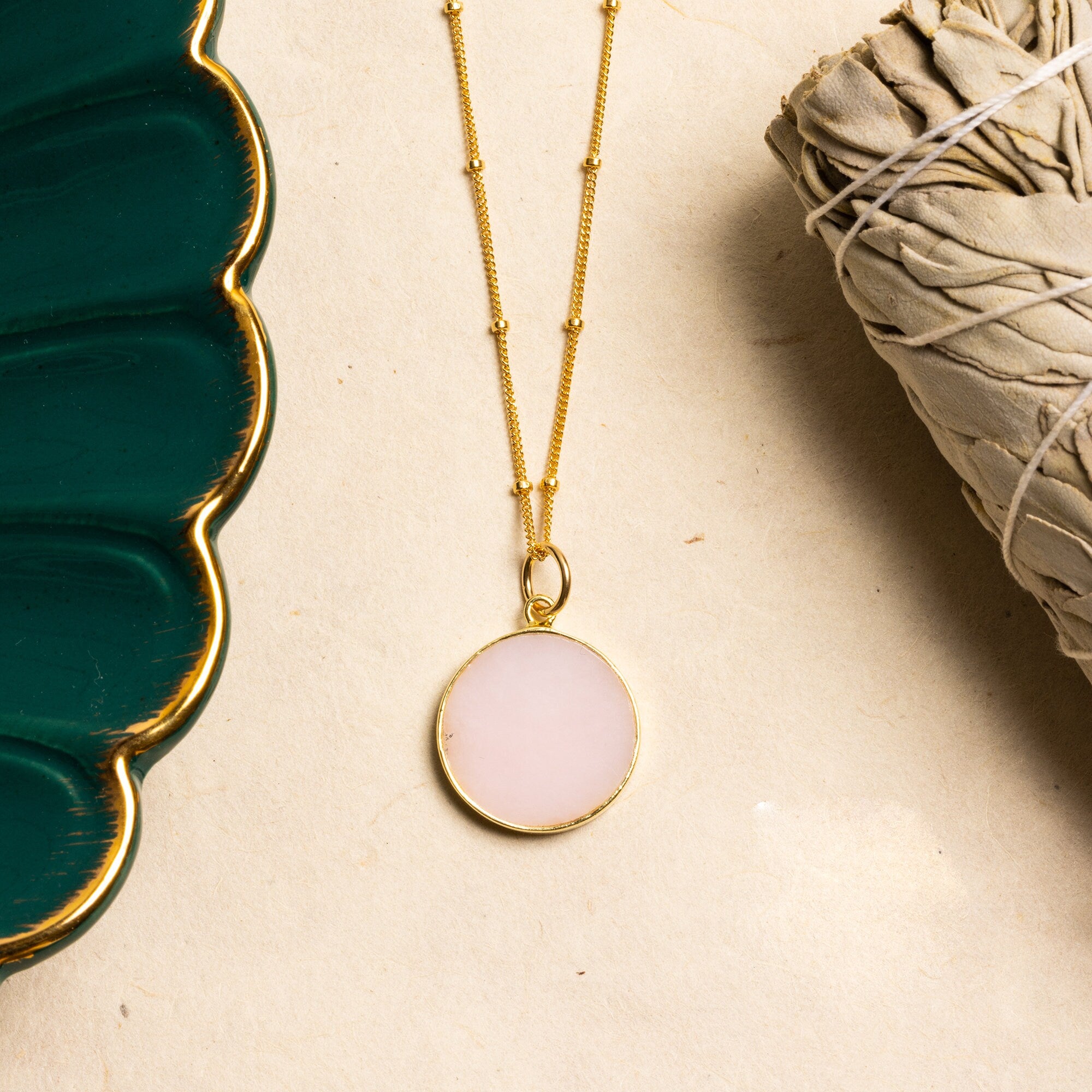 Pink Opal Gold Disc Pendant Necklace (Satellite Chain) Necklaces Soul & Little Rose   