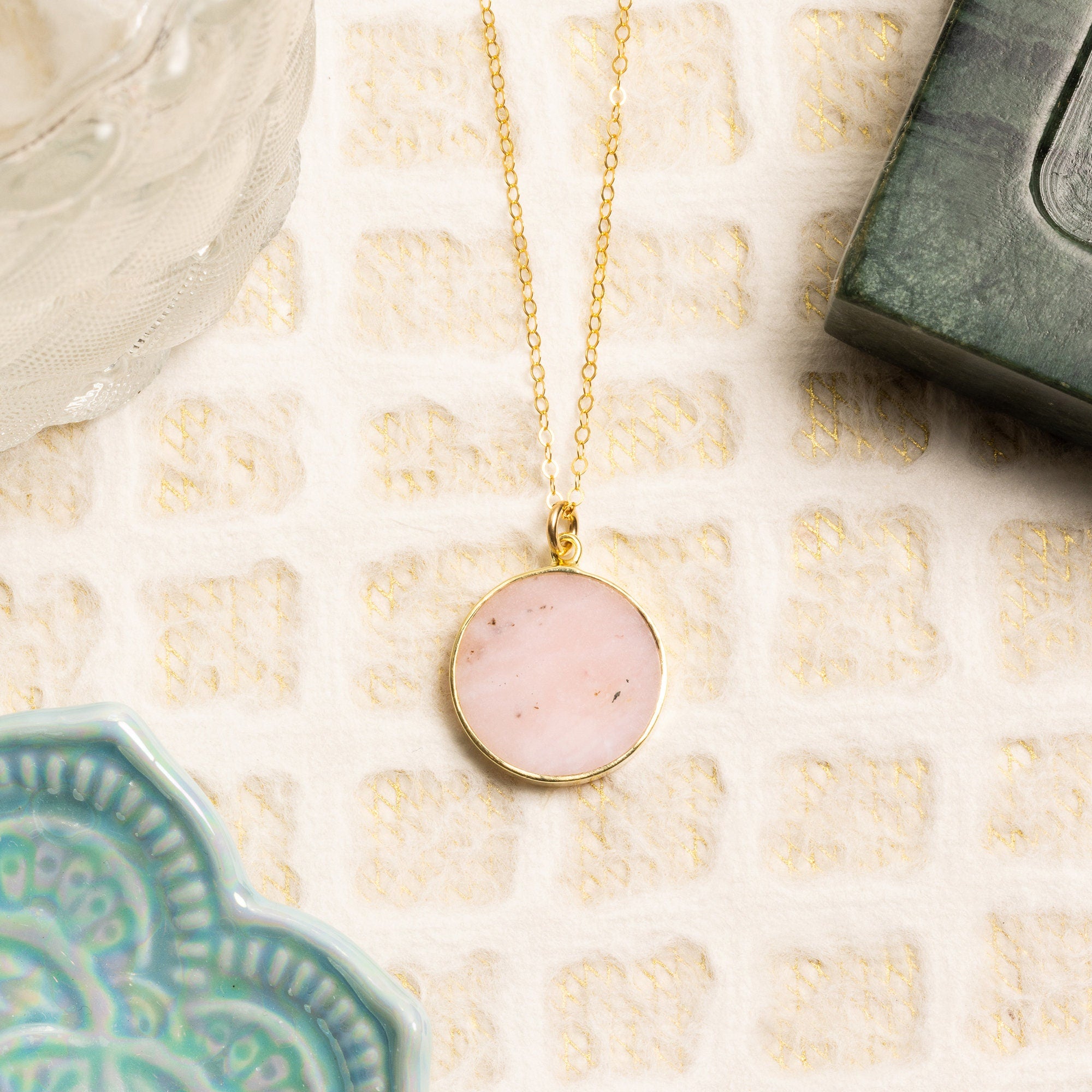 Pink Opal Coin Shape Gold Pendant Necklace Necklaces Soul & Little Rose   