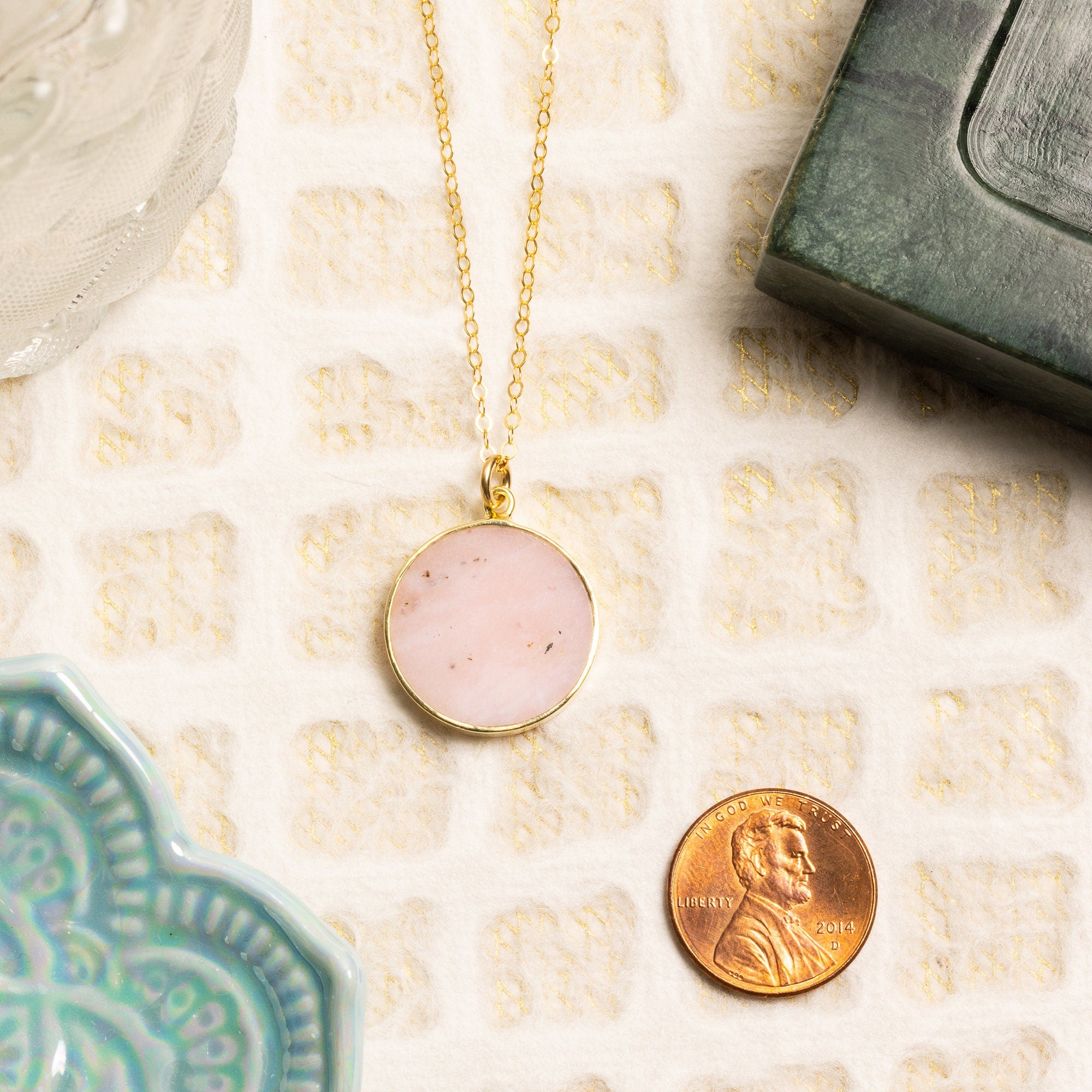 Pink Opal Coin Shape Gold Pendant Necklace Necklaces Soul & Little Rose   