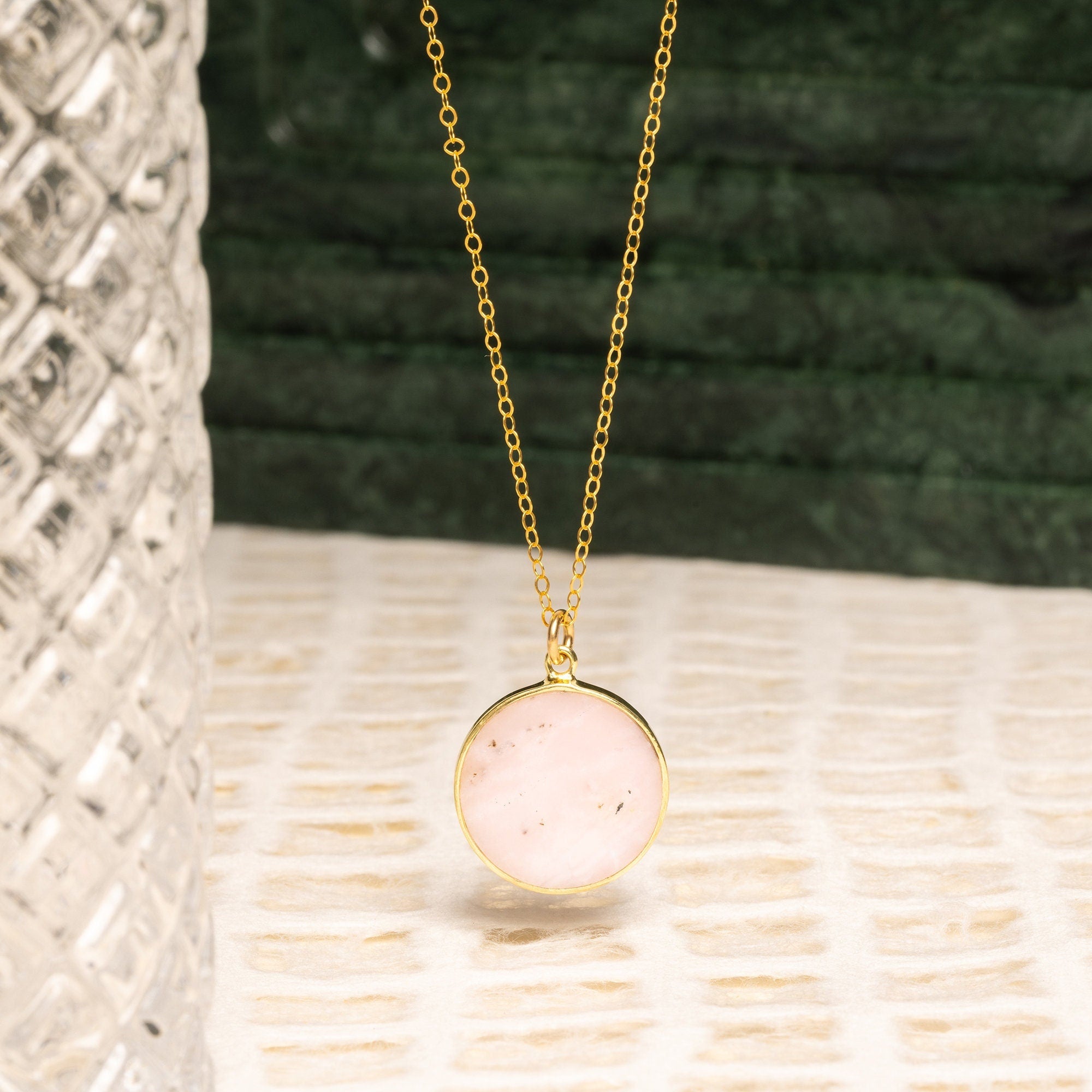 Pink Opal Coin Shape Gold Pendant Necklace Necklaces Soul & Little Rose   