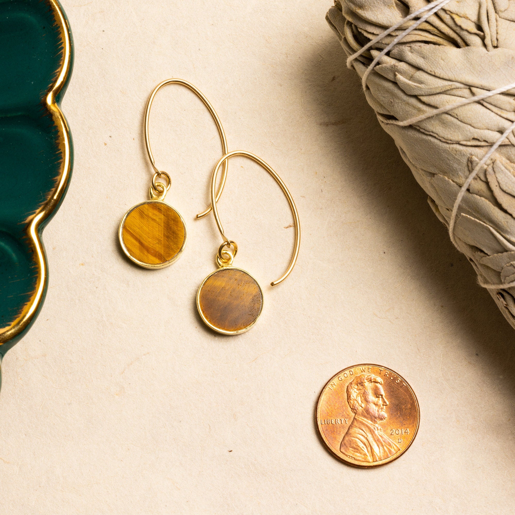 Tiger's Eye Disc Drop Gold Earrings Earrings Soul & Little Rose   