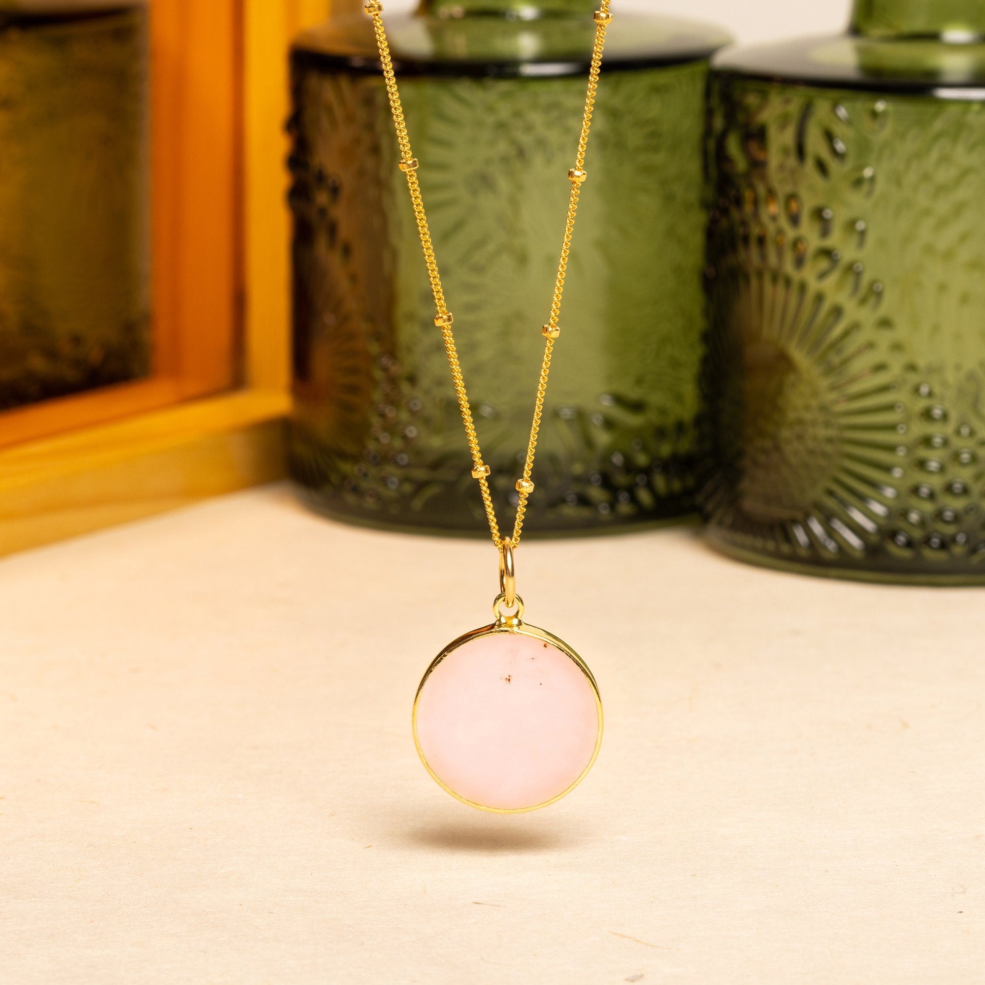 Pink Opal Gold Disc Pendant Necklace (Satellite Chain) Necklaces Soul & Little Rose   