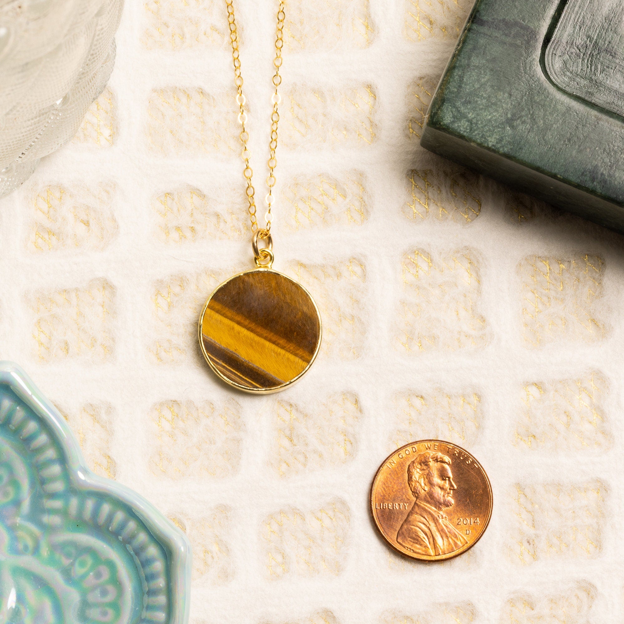 Tiger's Eye Round Coin Gold Pendant Necklace Necklaces Soul & Little Rose   