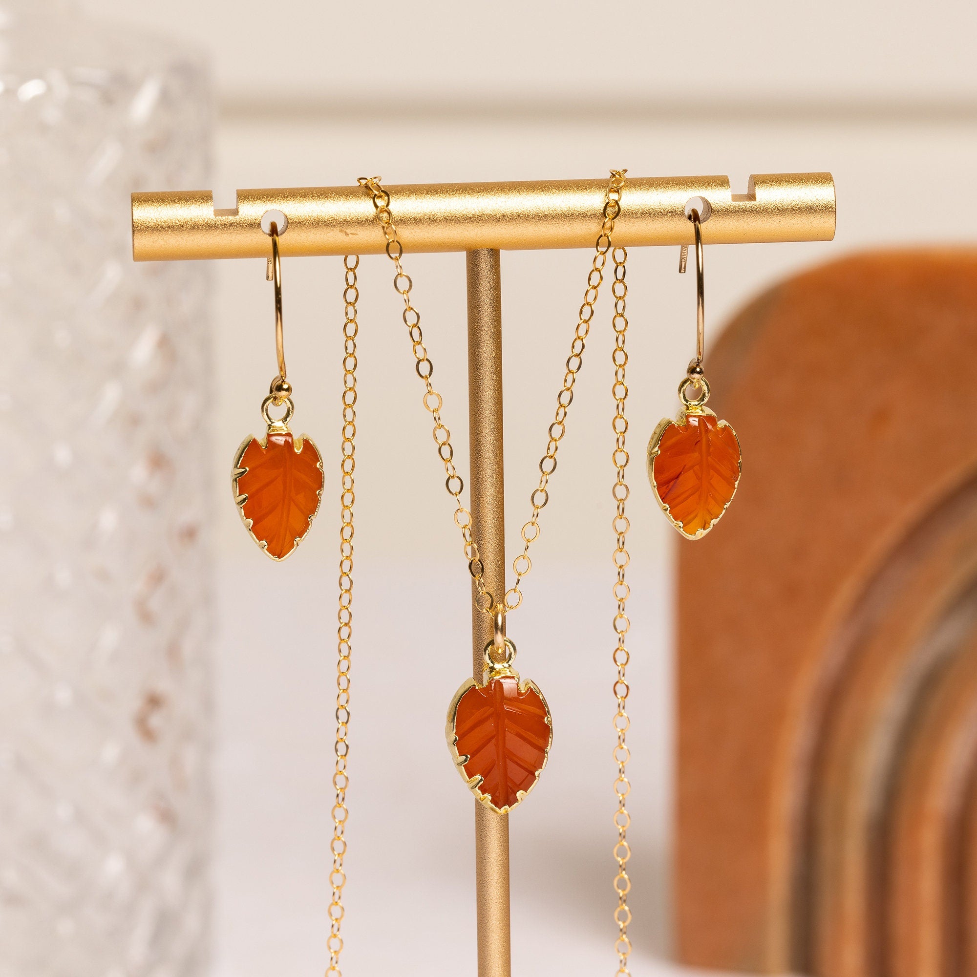 Carnelian Leaf Gemstone Necklace and Earrings Set Necklace and Earrings Set Soul & Little Rose   