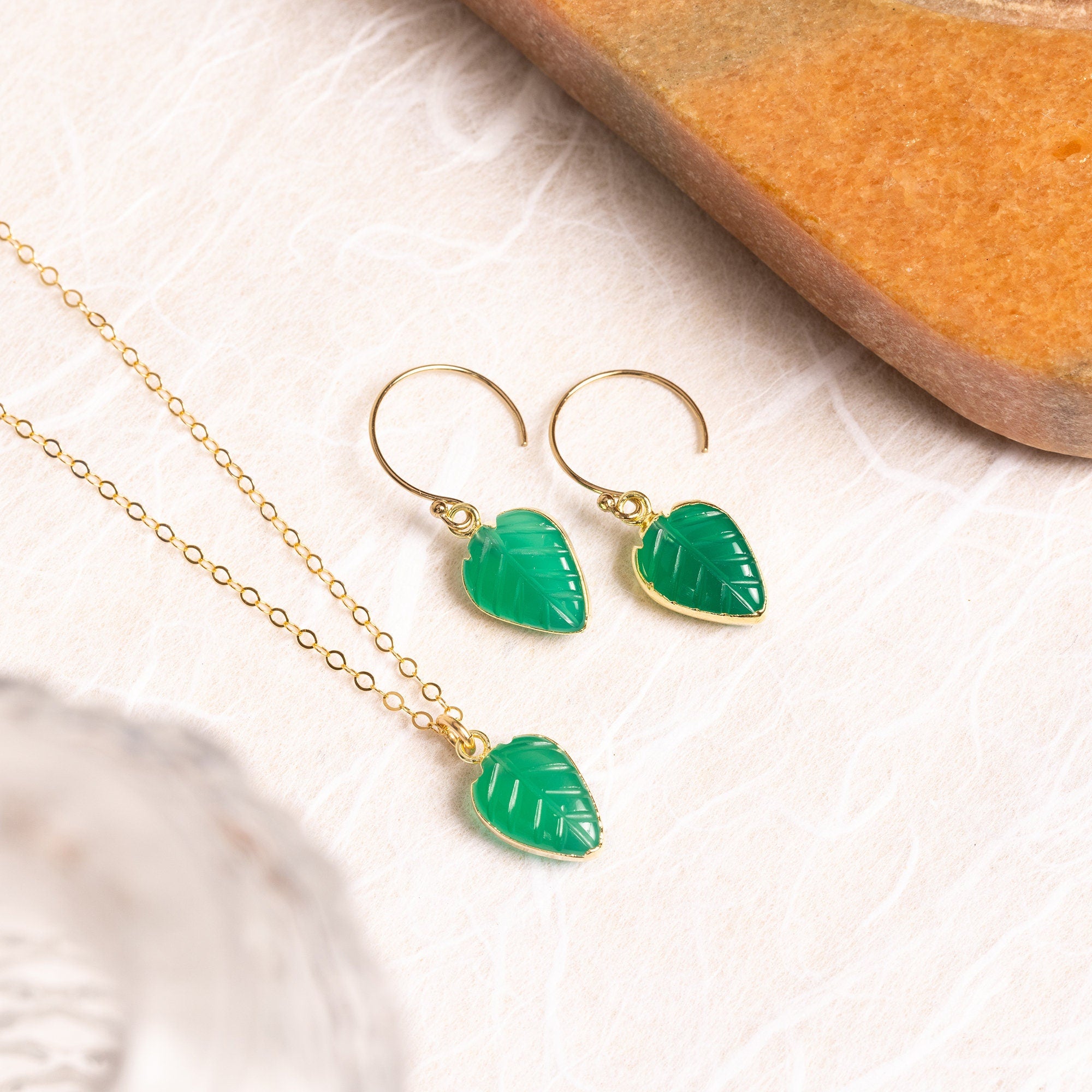 Green Onyx Leaf Shape Gemstone Necklace and Earrings Set Necklace and Earrings Set Soul & Little Rose   