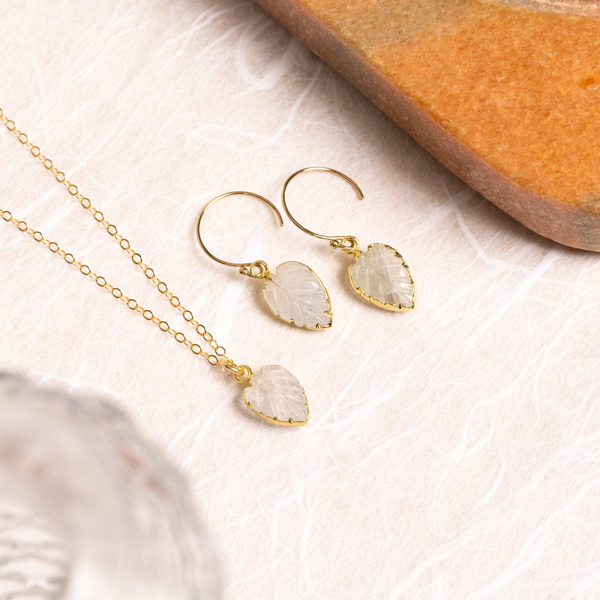 Moonstone Leaf Shape Gemstone Necklace and Earrings Set Necklace and Earrings Set Soul & Little Rose   