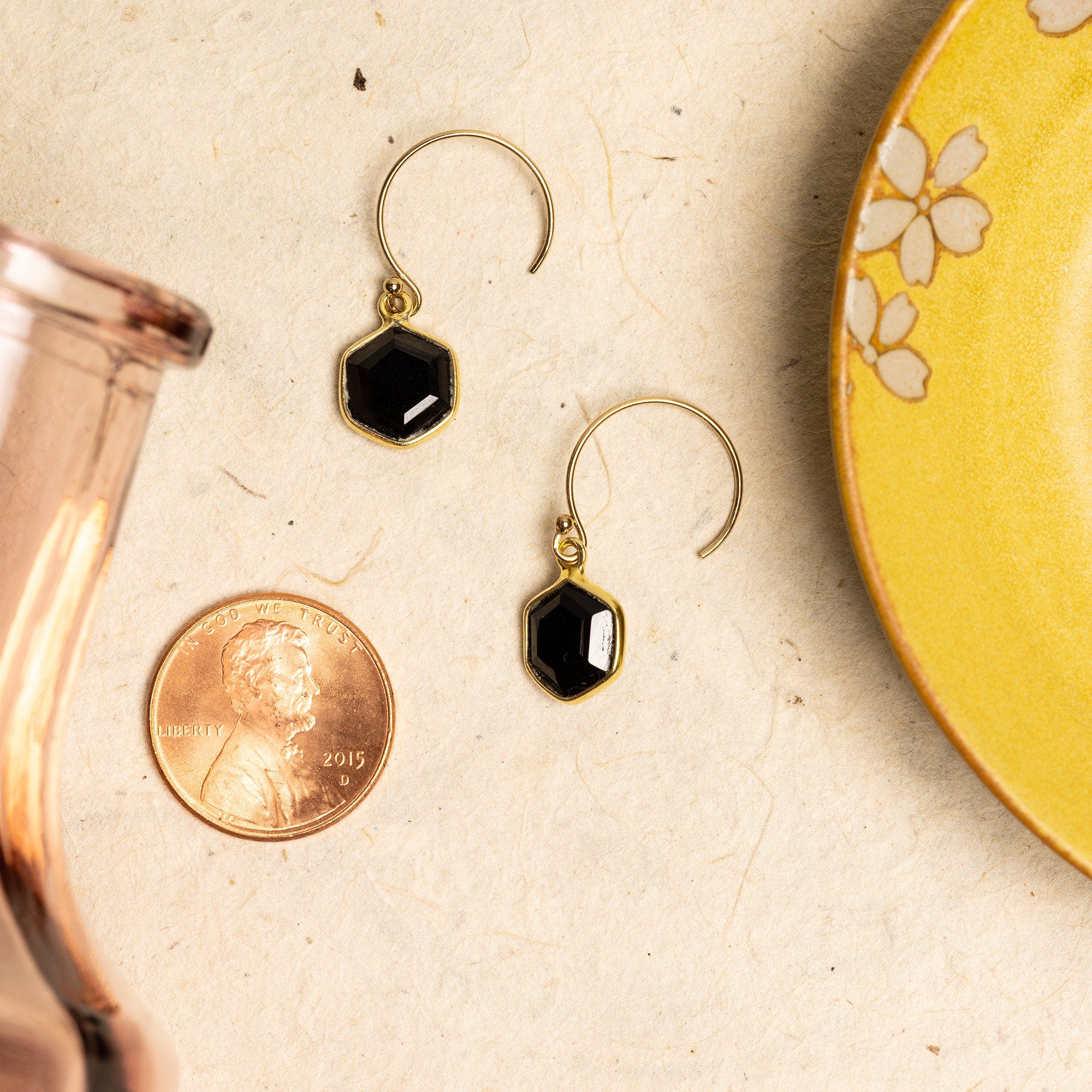 Black Onyx Hexagon Gold Drop Earrings Earrings Soul & Little Rose   