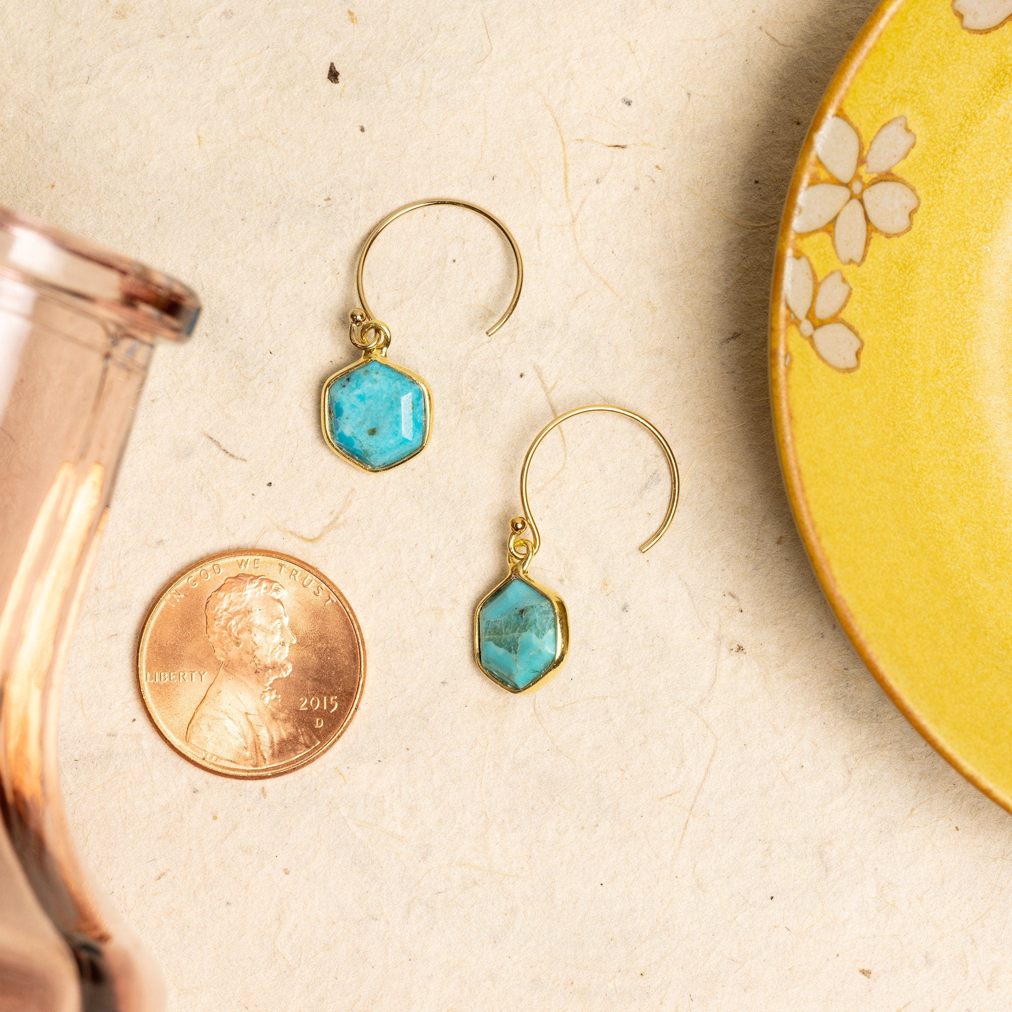 Turquoise Hexagon Drop Gold Earrings Earrings Soul & Little Rose   