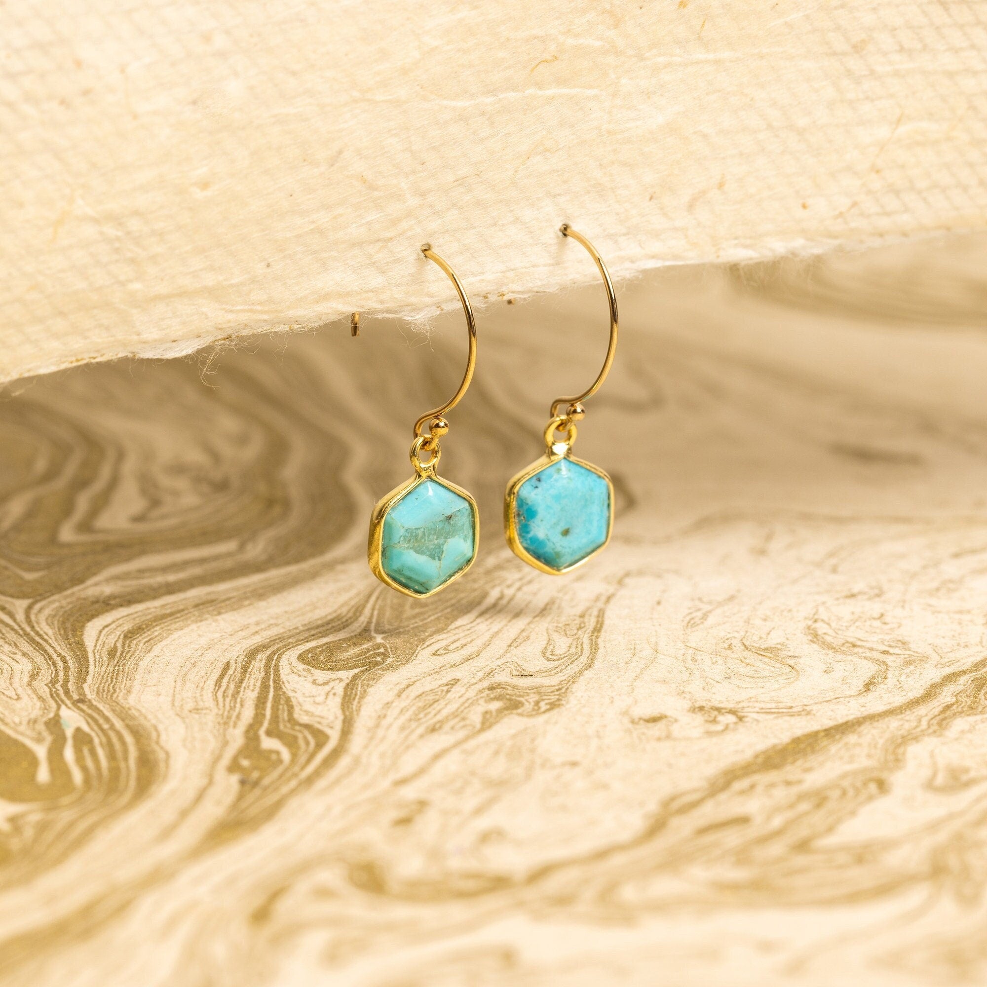 Turquoise Hexagon Drop Gold Earrings Earrings Soul & Little Rose   