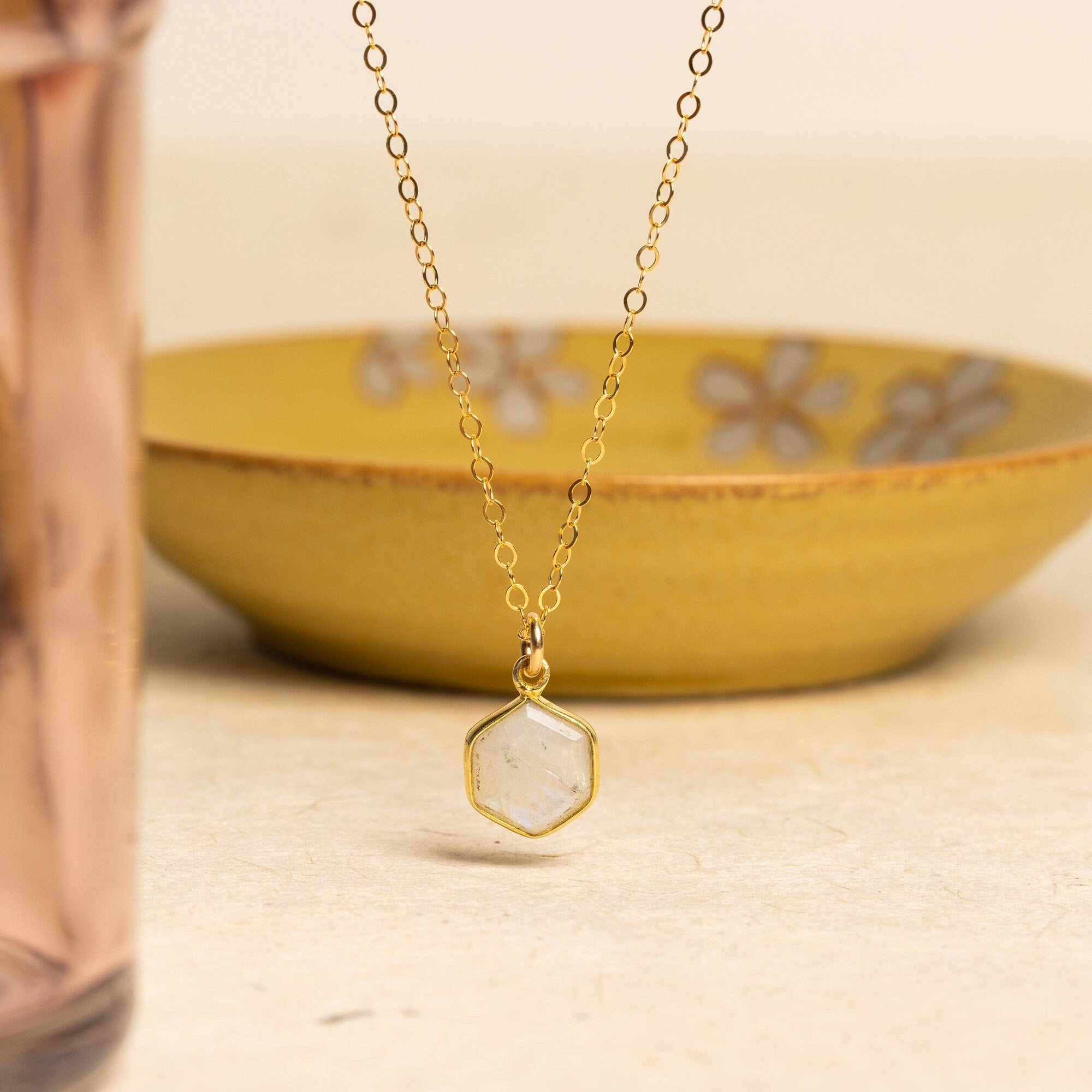 Moonstone Hexagon Shape Pendant Gold Necklace Necklaces Soul & Little Rose   