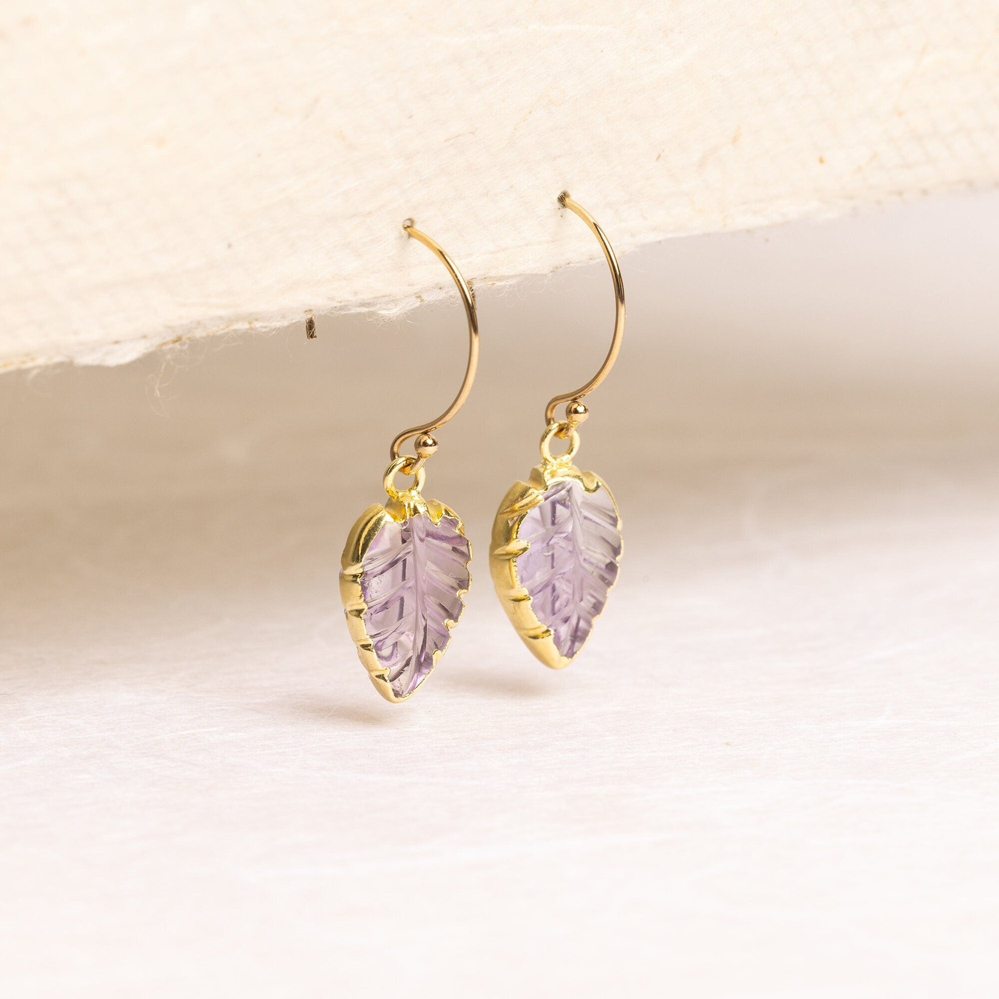 Pink Amethyst Leaf Gold Earrings Earrings Soul & Little Rose   