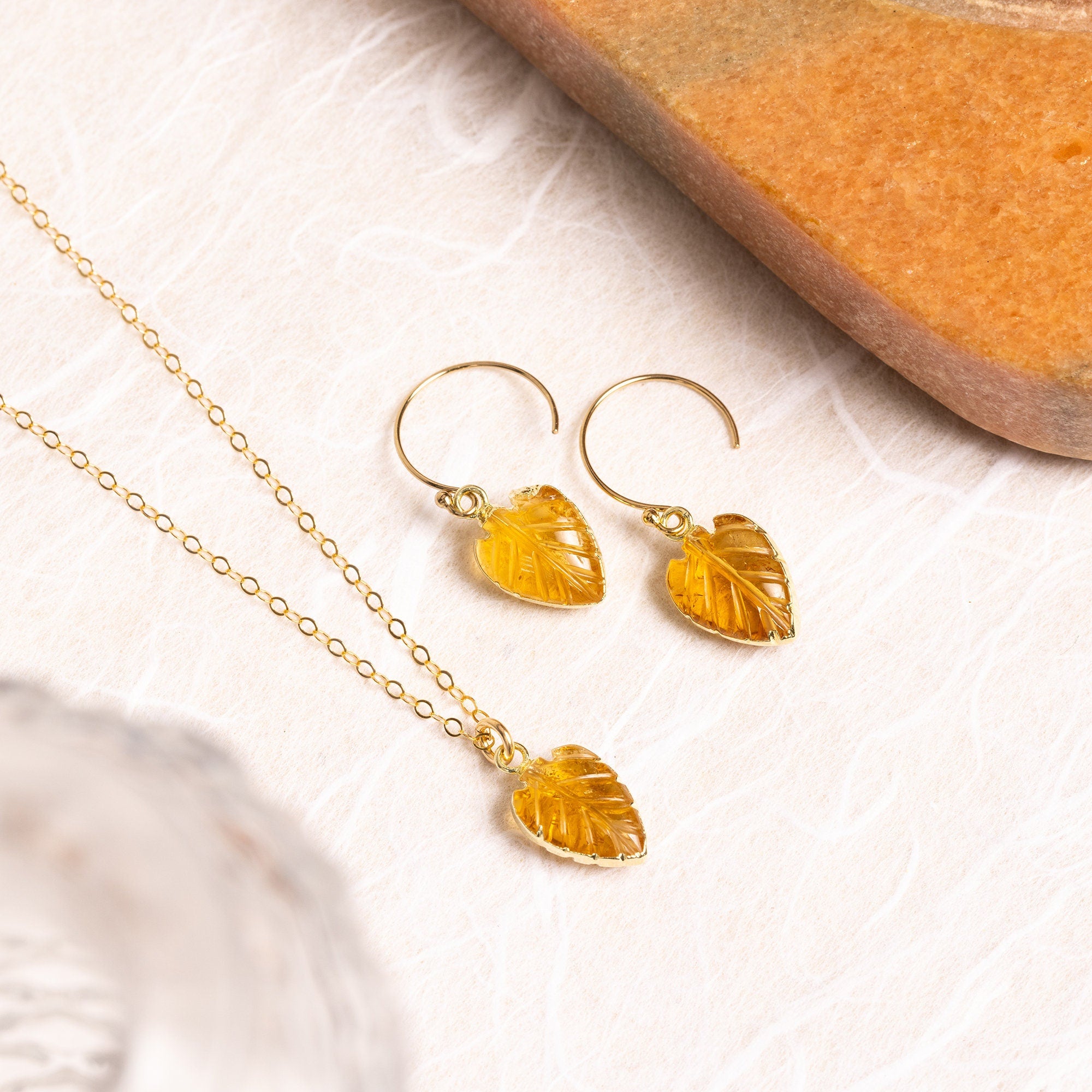 Citrine Leaf Shape Gold Earrings and Necklace Set Necklace and Earrings Set Soul & Little Rose   