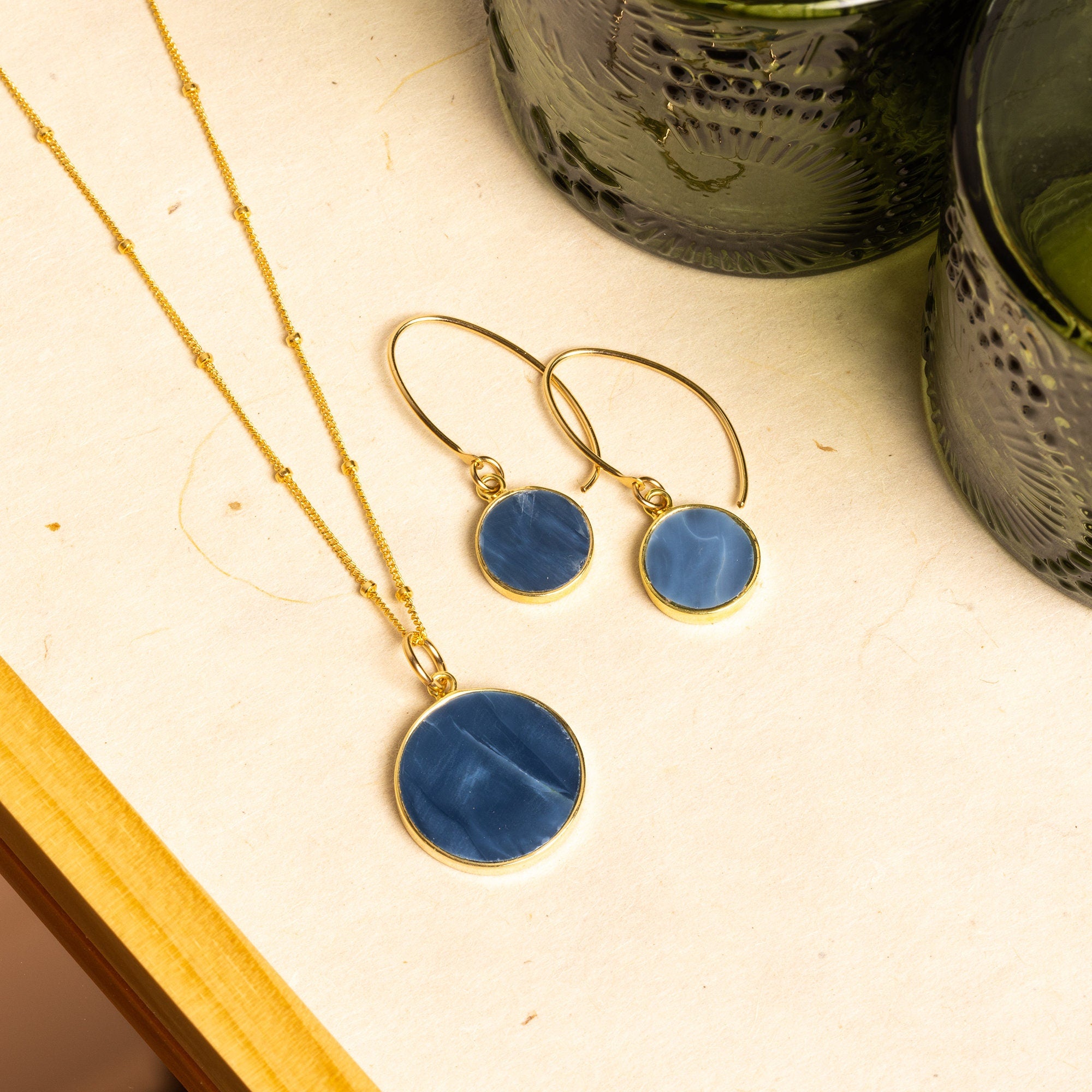 Blue Opal Disc Necklace and Earrings Gold Set (Satellite Chain) Necklace and Earrings Set Soul & Little Rose   