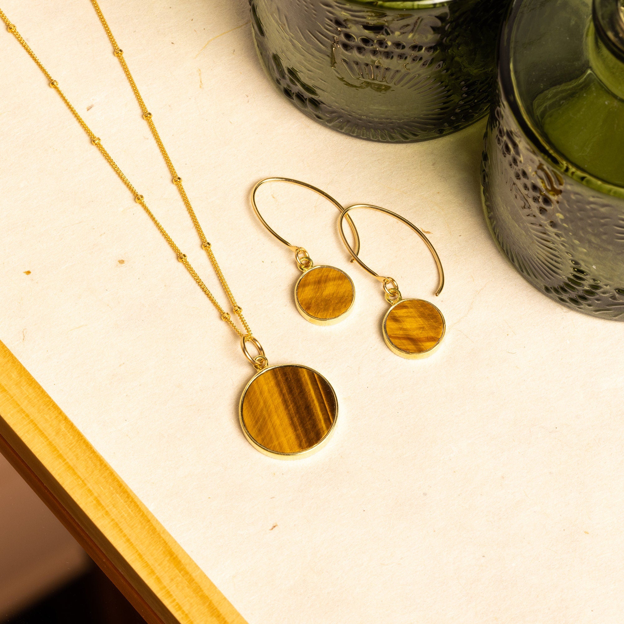 Tiger's Eye Round Circle Necklace and Earrings Set (Satellite Chain) Necklace and Earrings Set Soul & Little Rose   