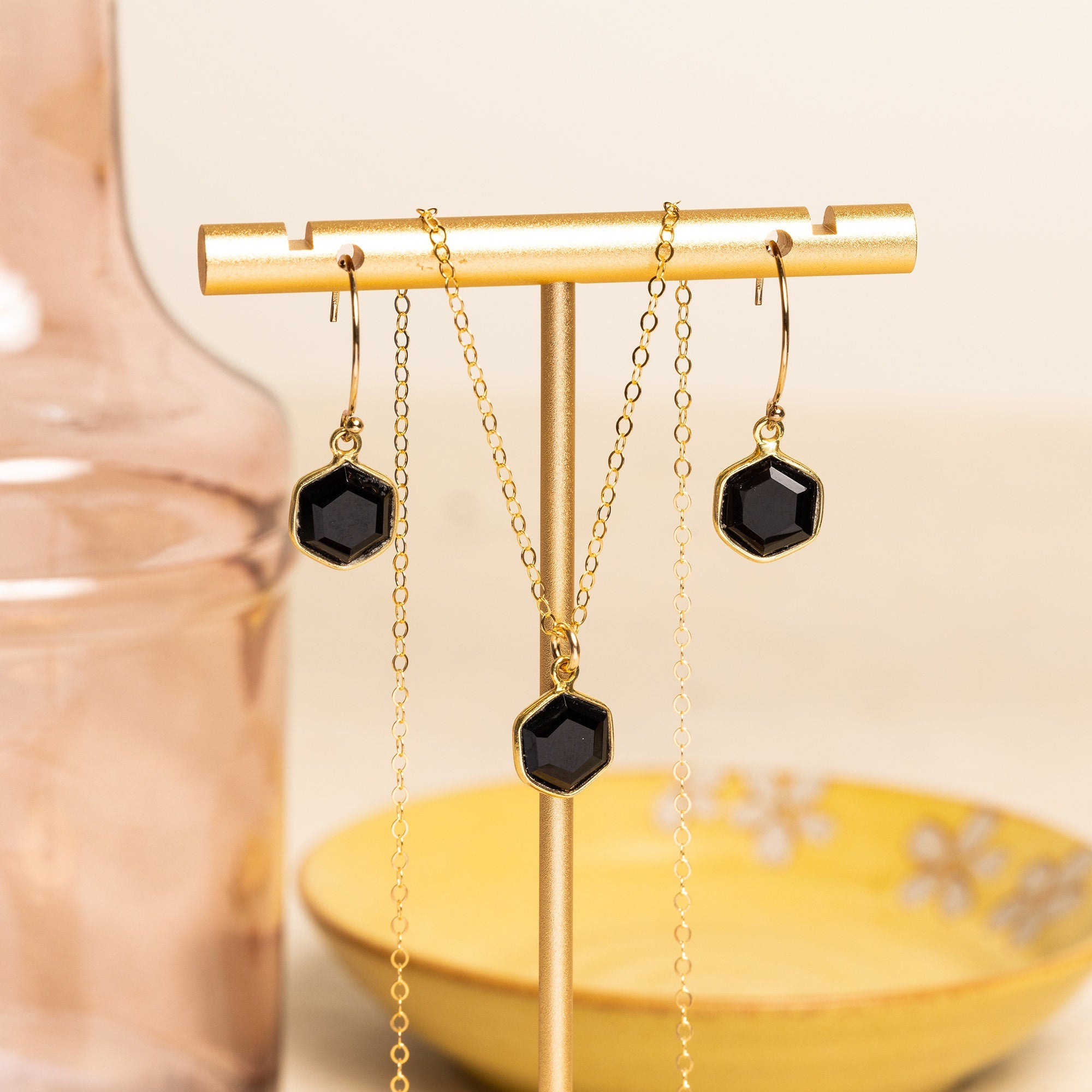 Black Onyx Hexagon Necklace and Earrings Matching Set Necklace and Earrings Set Soul & Little Rose   