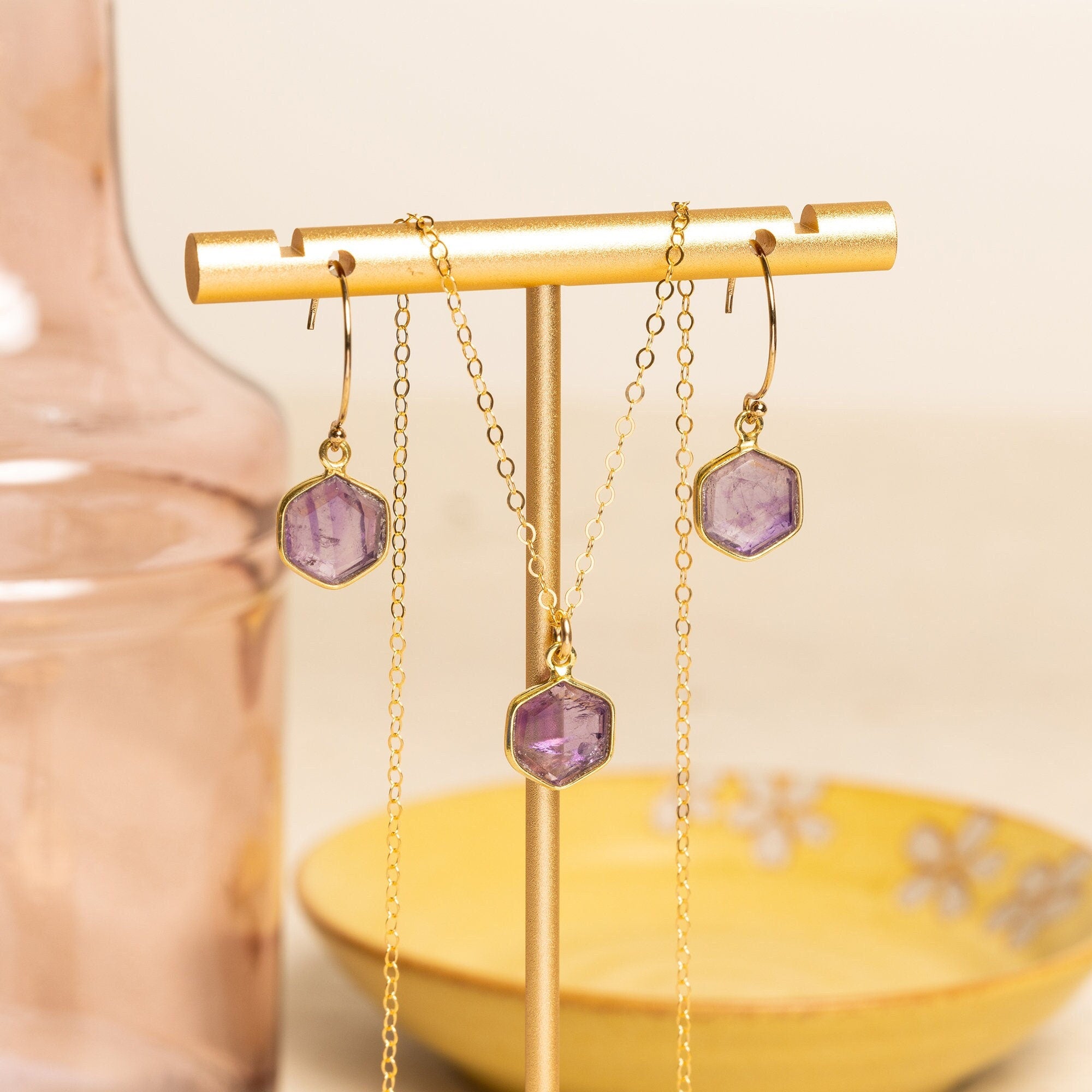 Amethyst Hexagon Necklace and Earrings Matching Set Necklace and Earrings Set Soul & Little Rose   